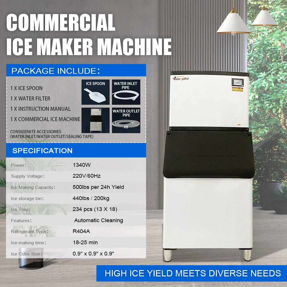 500Lbs/24H Commercial Ice Maker Split Ice Cube Machine Cafe 440Lbs Storage 220V