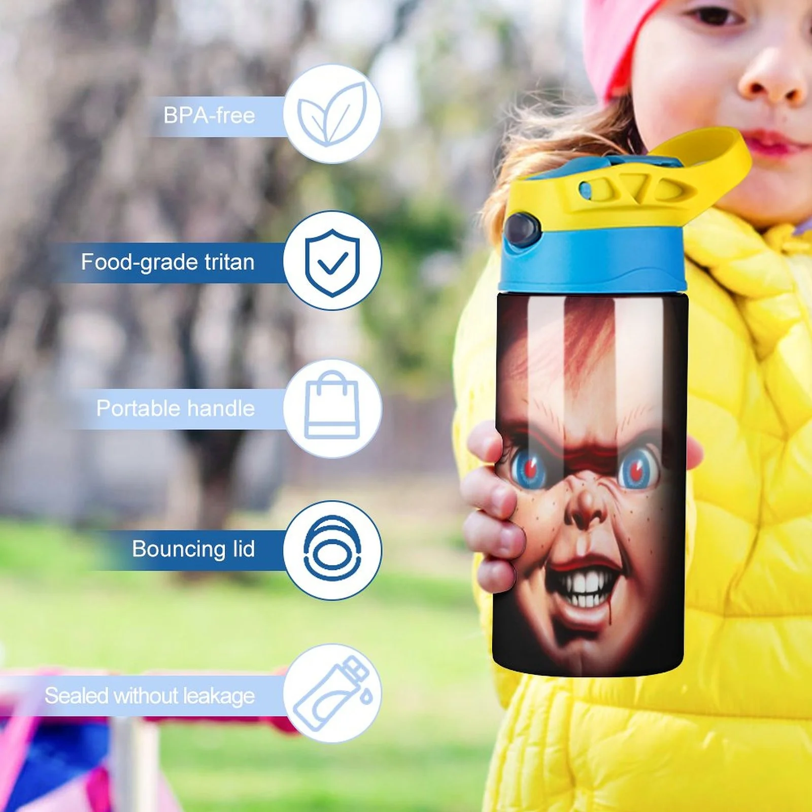 Chucky Scary Kid's Insulated Water Bottle With Straw Vacuum Stainless Steel Cup Leak-Proof Children Toddler Thermoses