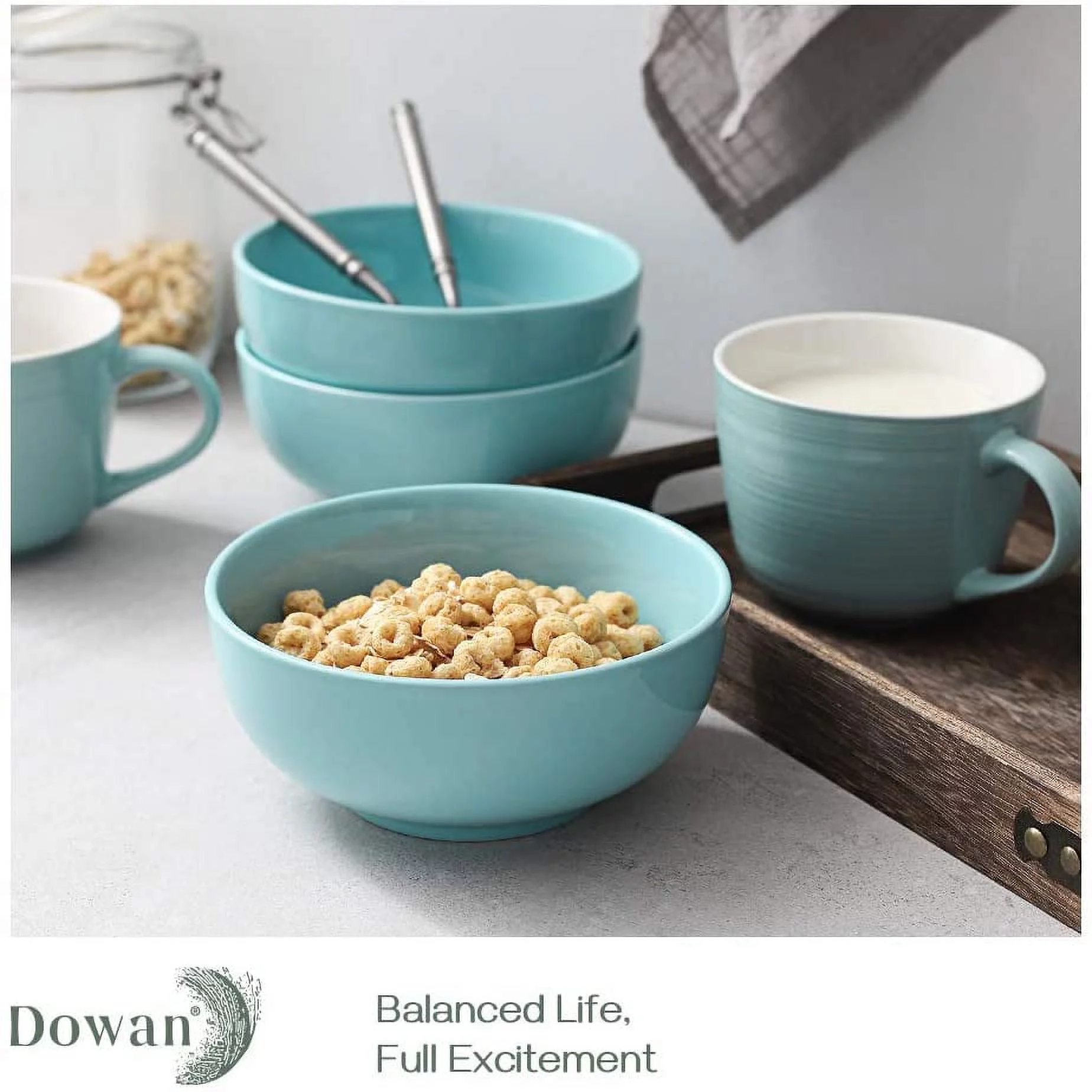 DOWAN Ceramic Lake Blue Salad Bowls Set of 4,22 OZ Soup Bowls For Kitchen Stackable,Dishwasher Microwave Safe,Bowls for Soup Pasta Oatmeal