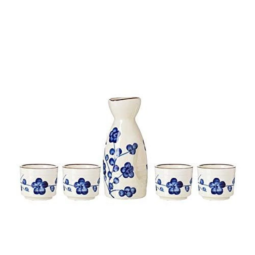 TJ Global 5-Piece Sake Set, Durable Ceramic Japanese Sake Set with 1 Carafe/Decanter/Tokkuri Bottle and 4 Ochoko cups for Hot or Cold Sake at Home or Restaurant - White with Blue Flowers