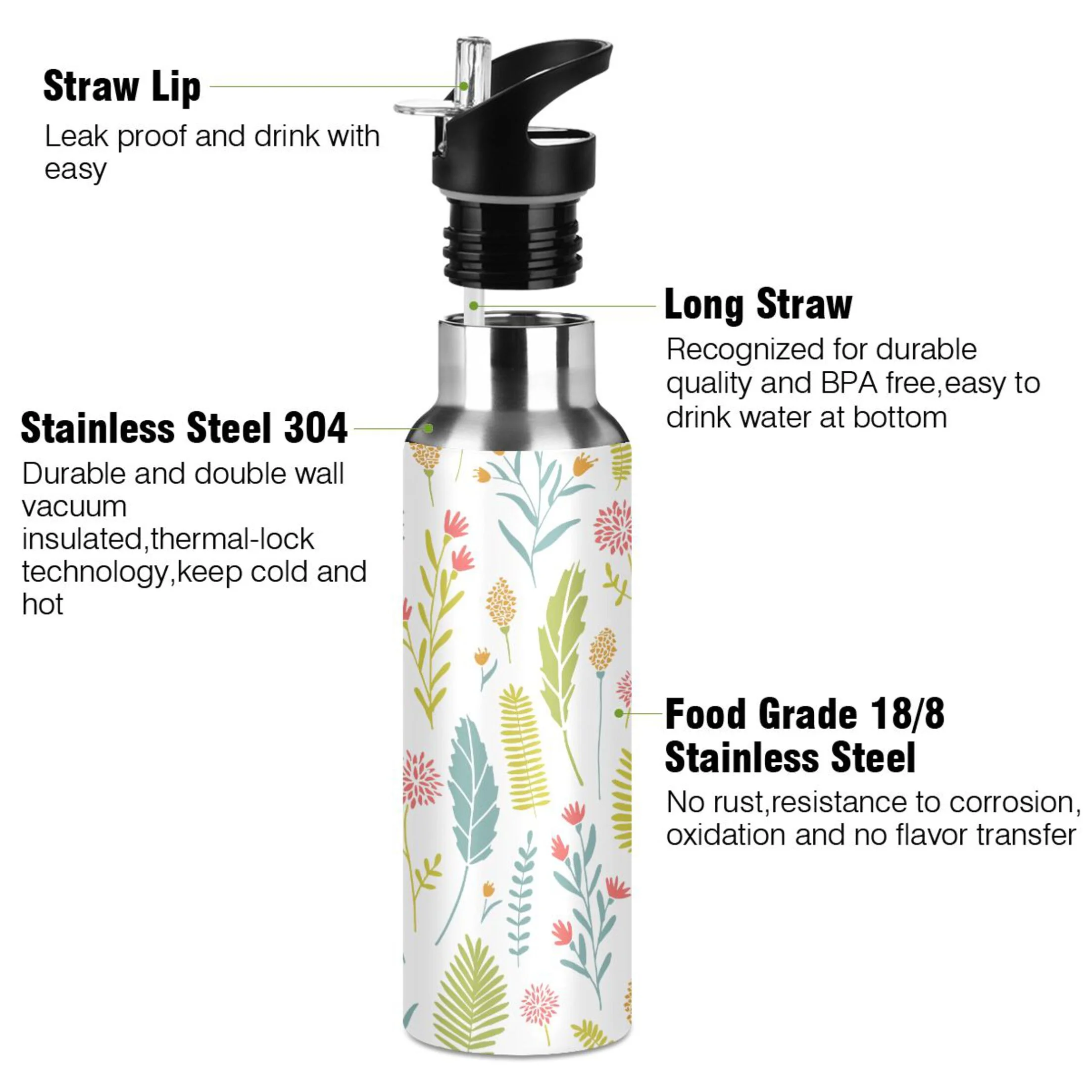 Water Bottle with Straw Lid Leak Leaves with Flowers Stainless Steel Insulated Thermos Vacuum Flask for Cold Hot Drinking for Sports Camping Gym Yoga