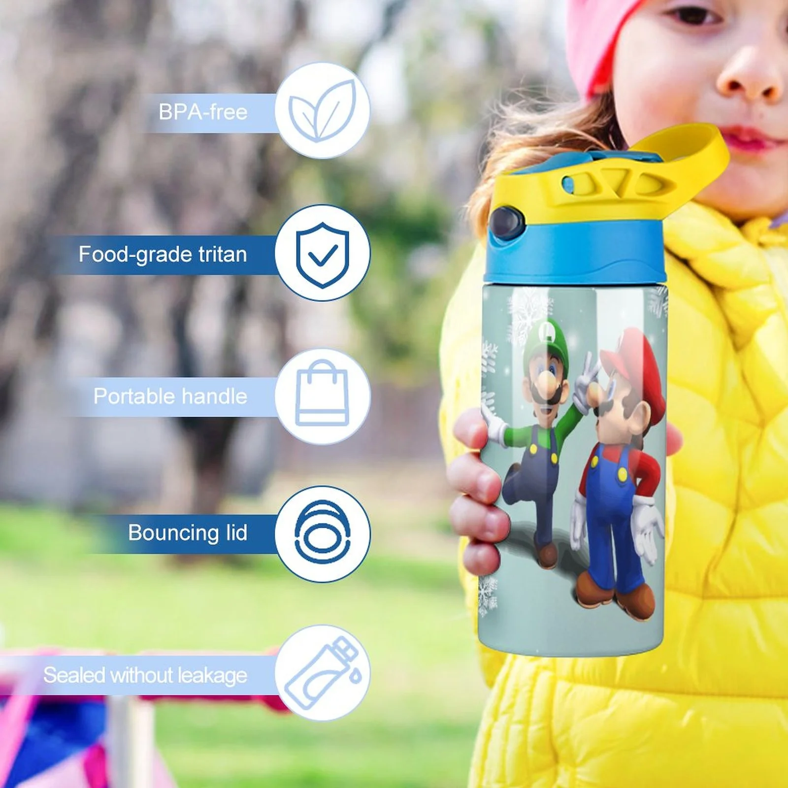 Mario Luigi Bros Kid's Insulated Water Bottle With Straw Vacuum Stainless Steel Cup Leak-Proof Children Toddler Thermoses