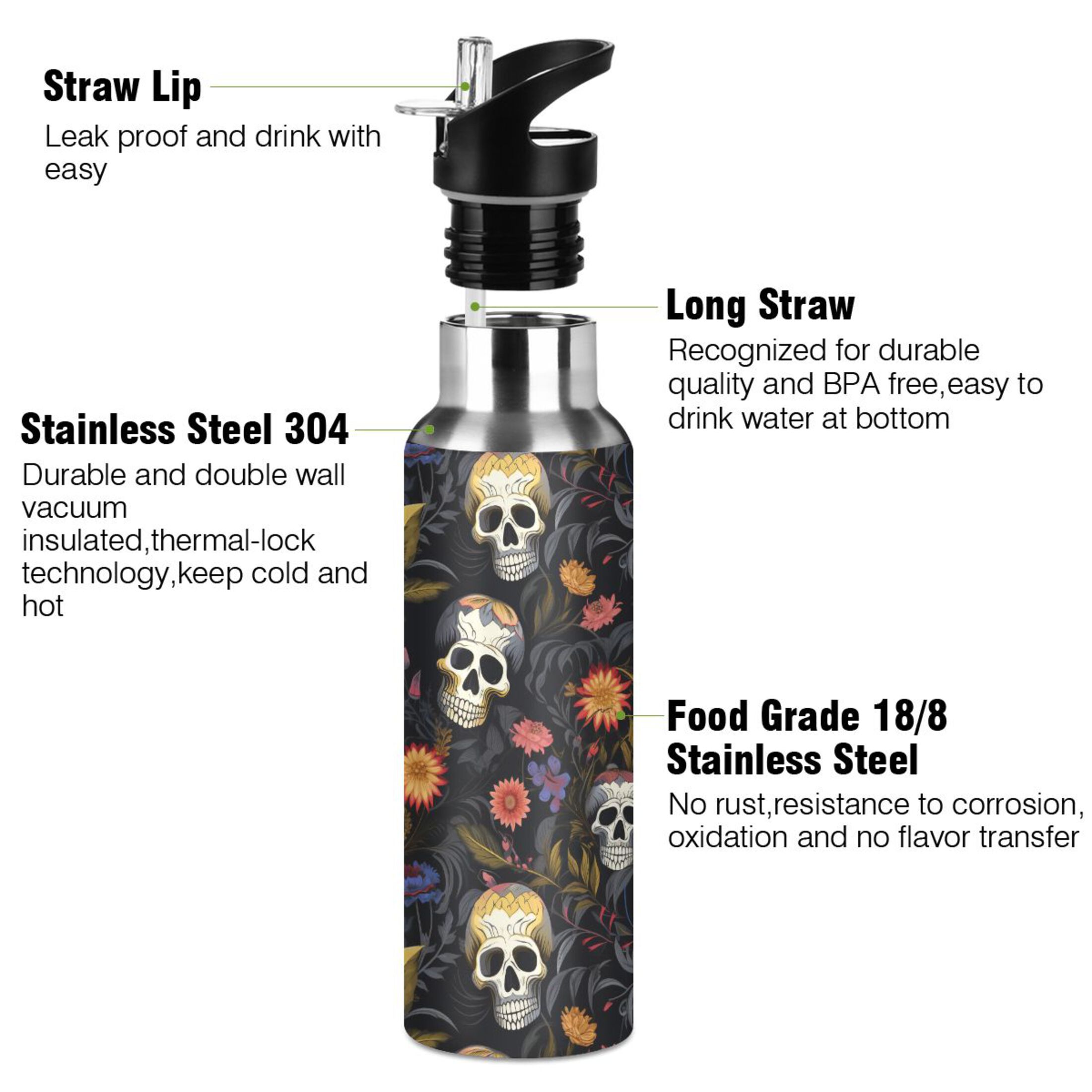 Skeletons Floral Water Bottles Insulated Thermos Kids Stainless Steel Bottle with Straw Lid Flask Leakproof for Sports Gym 20 oz