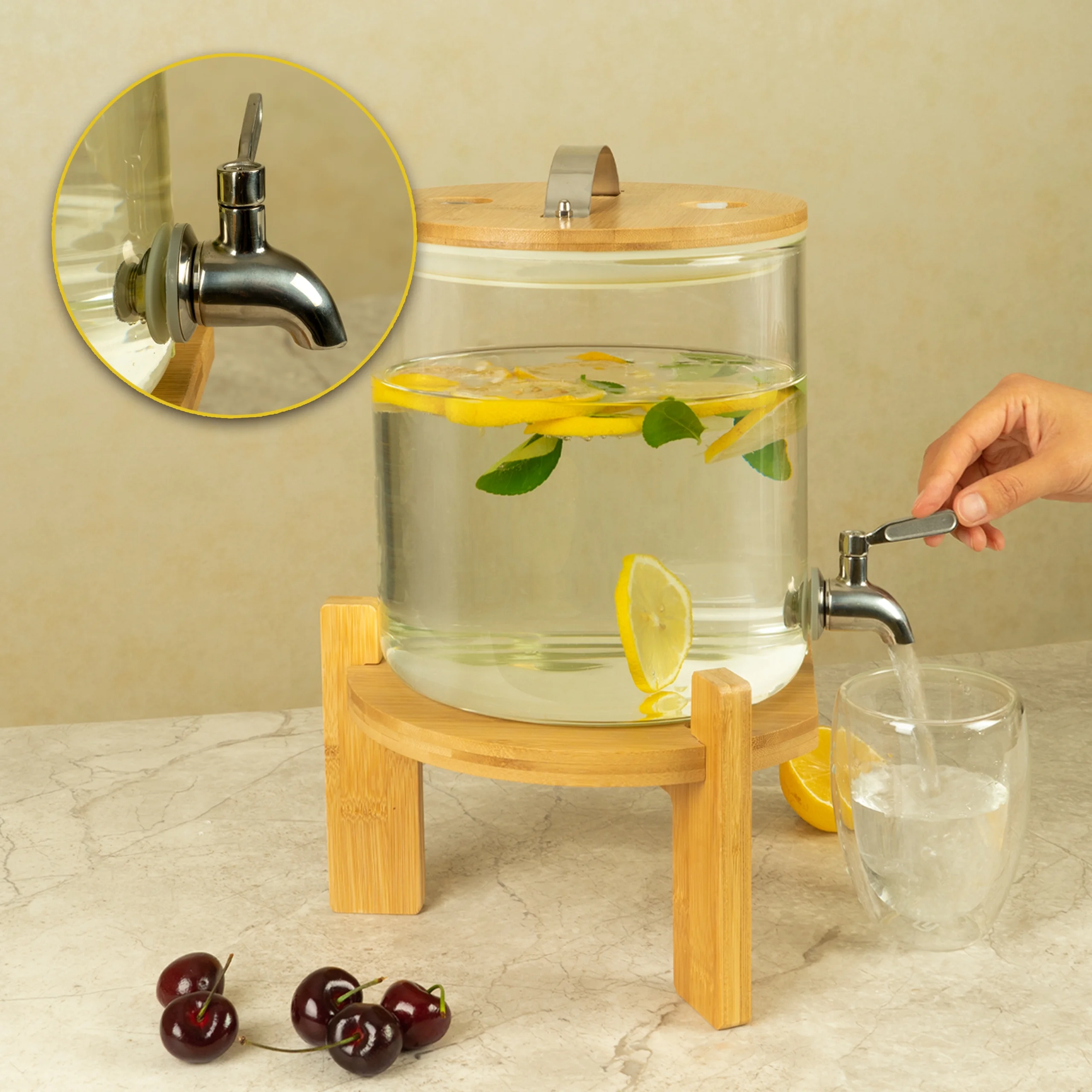 L'ÉPICÉA 5L Glass Drink Dispenser with Stand,Beverage Dispenser with Wooden Stand, Stainless Spigot