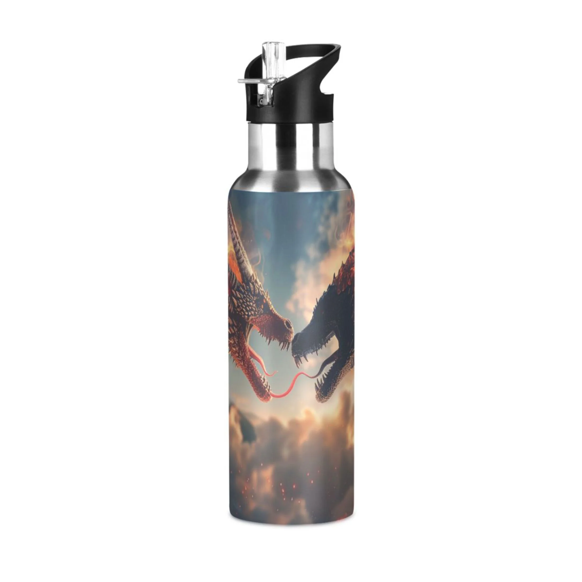 Dragons Fire in Sky Water Bottles Insulated Thermos Kids Stainless Steel Bottle with Straw Lid Flask Leakproof for Sports Gym 20 oz