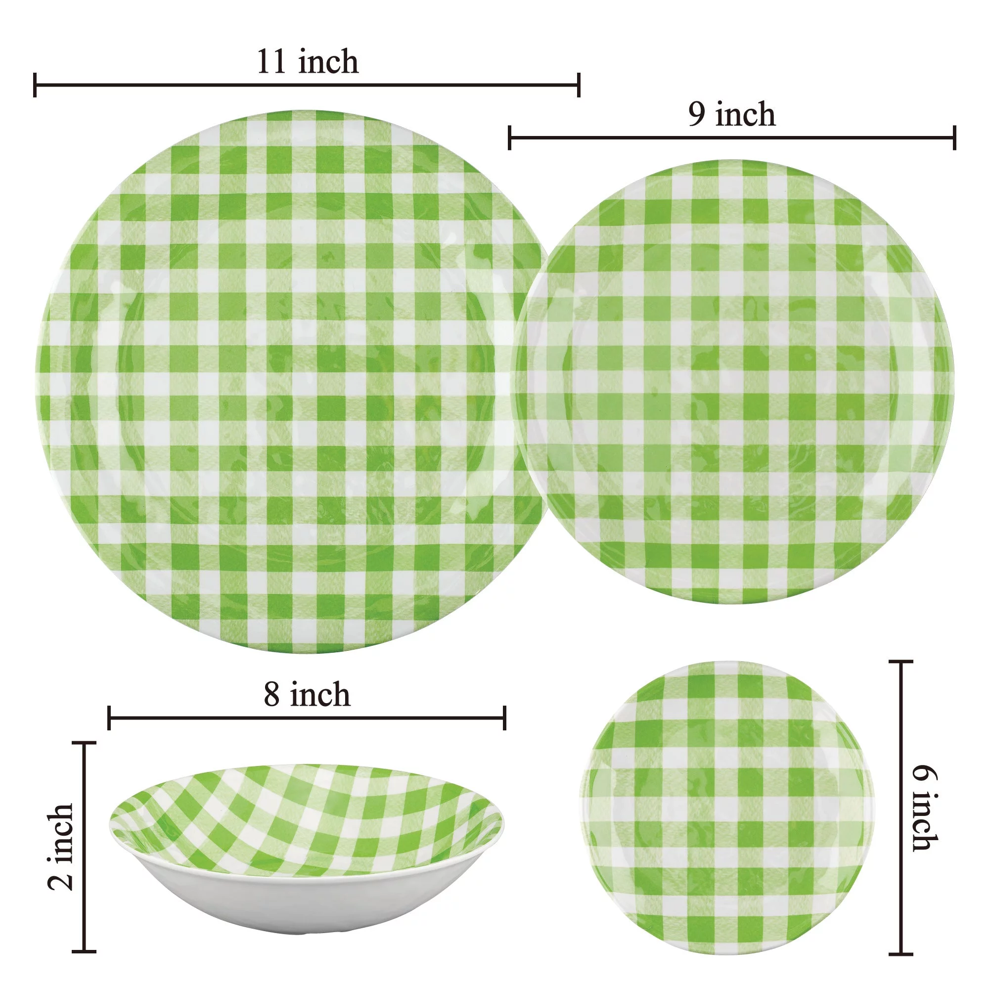 Gourmet Art 16-Piece Melamine Dinnerware Set, Includes Dinner Plates, Salad Plates, Dessert Plates, Bowls, Service for 4. (Green Gingham)
