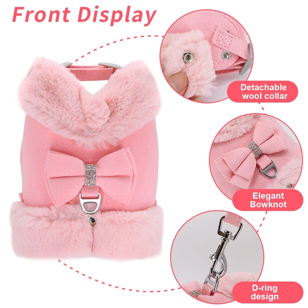 Warm Fleece Mesh Padded Vest Cute Bow Tie Dog Cat Harness and Leash Winter Coat