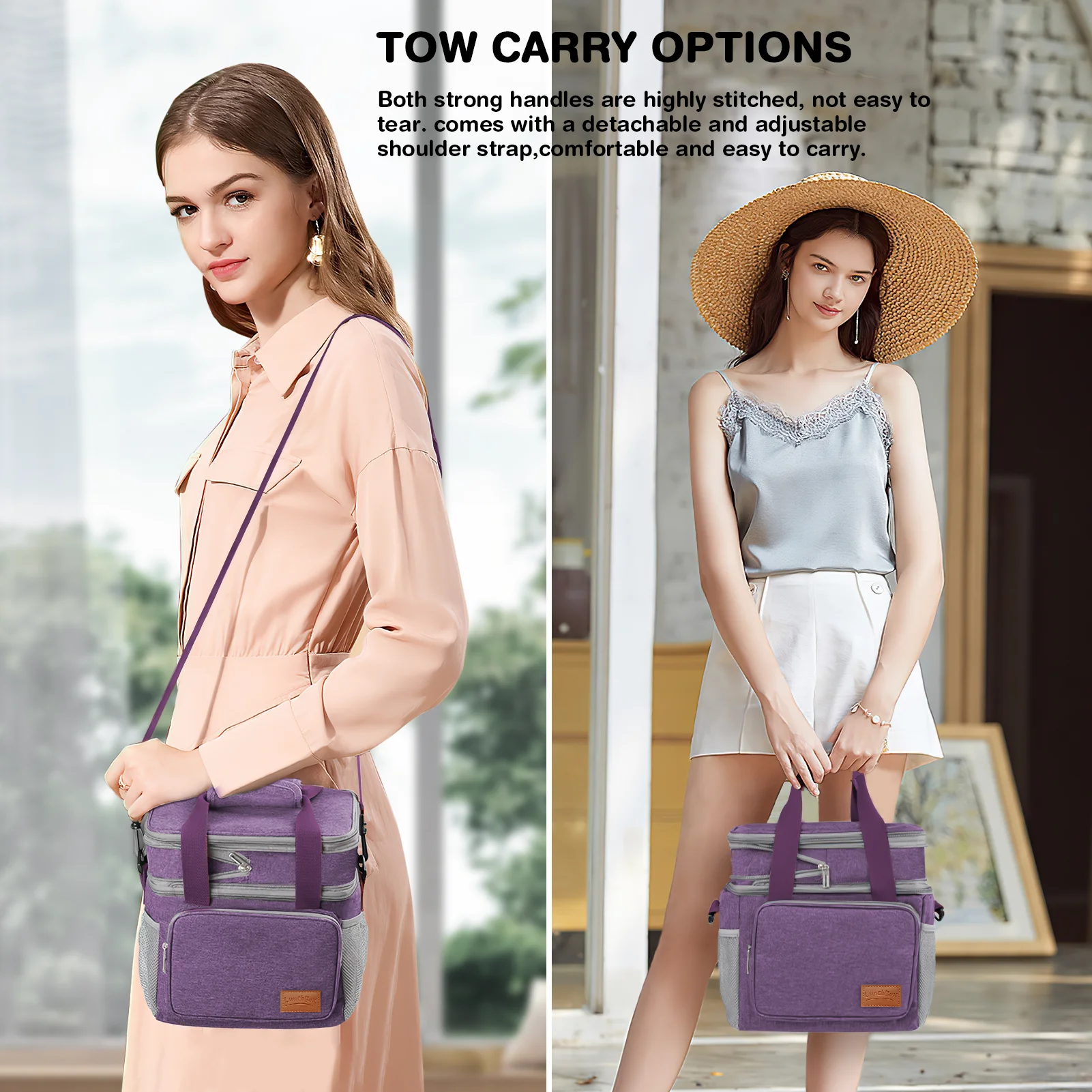 Lunch Bags for Women Men, 17L Reusable Insulated Lunch Bag, Double Deck Lunch Tote Box for Office Work School Picnic Beach, Leakproof Cooler Bag with Adjustable Strap/Side Mesh Pocket, Pink, Purple