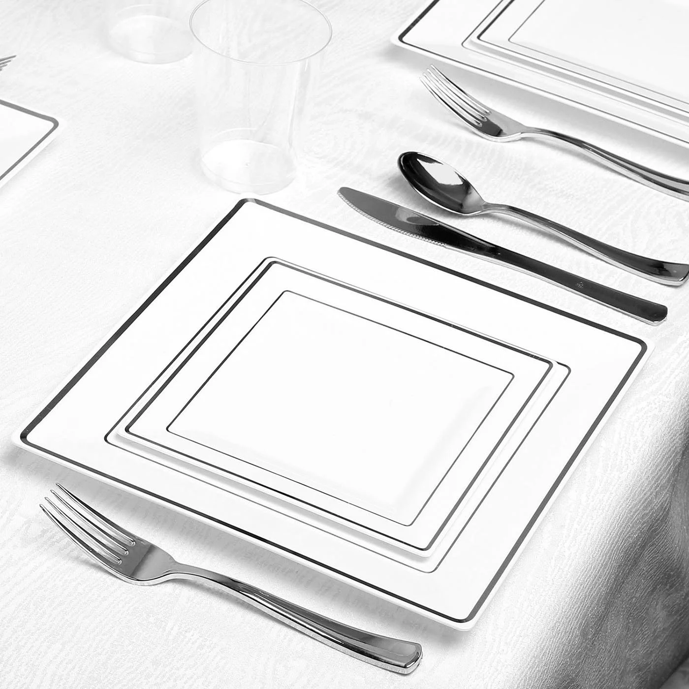 Smarty White w/ Silver Square Edge Plastic Wedding Value Set (120 Guests)