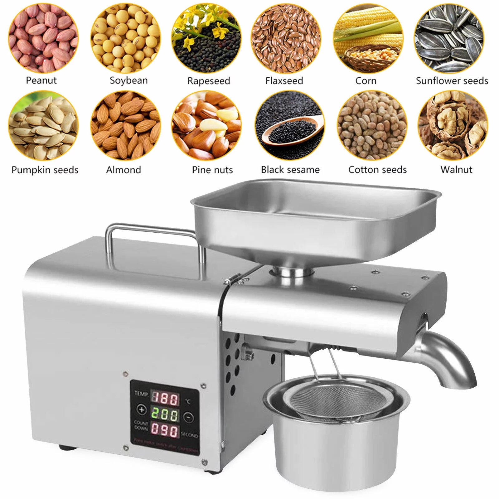 Anqidi 610W Electric Oil Press Machine, Stainless Steel Oil Expeller Hot Cold Oil Extractor for Peanuts, Soybean, Rapeseed, Sesame