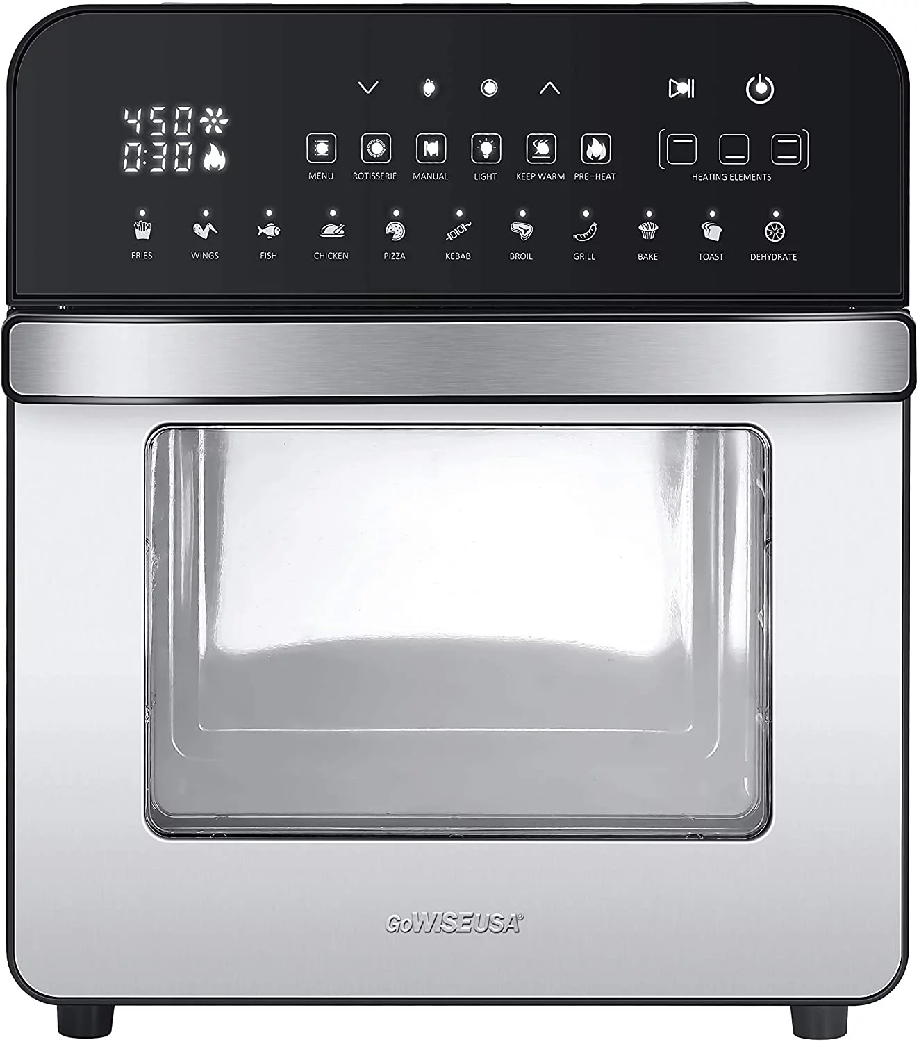 Stainless Steel and Black Ultimate 14.7-Quart Air Fryer Oven Grill with Dual Heating Elements, Cast Aluminum Grill Plate, oven with Rotisserie