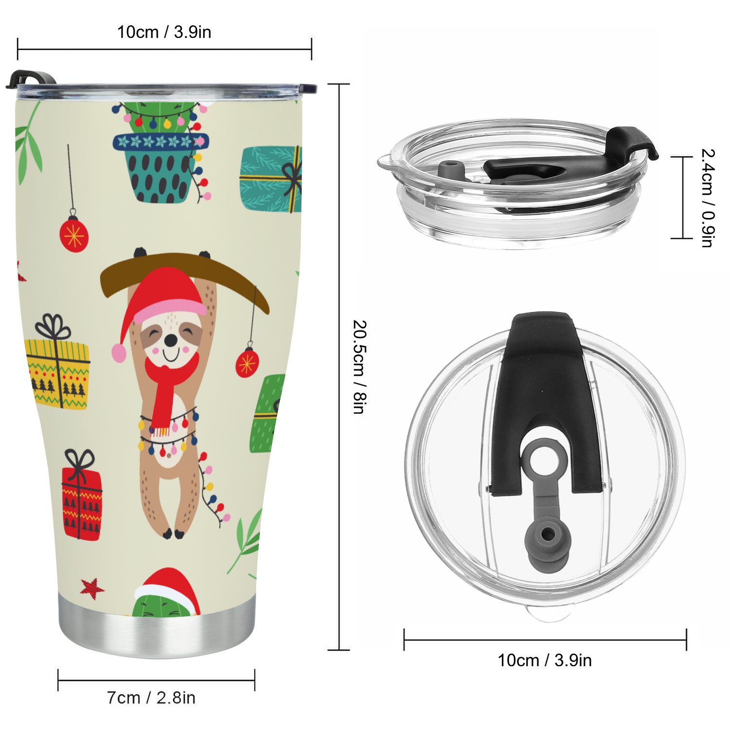 Hidove Stainless Steel Tumbler, Christmas Sloth and Cactus 30oz Leak Proof & Stainless Steel Bottle for Hot & Cold Drinks - Coffee Travel Mug, Water Metal Canteen, Thermal Cup