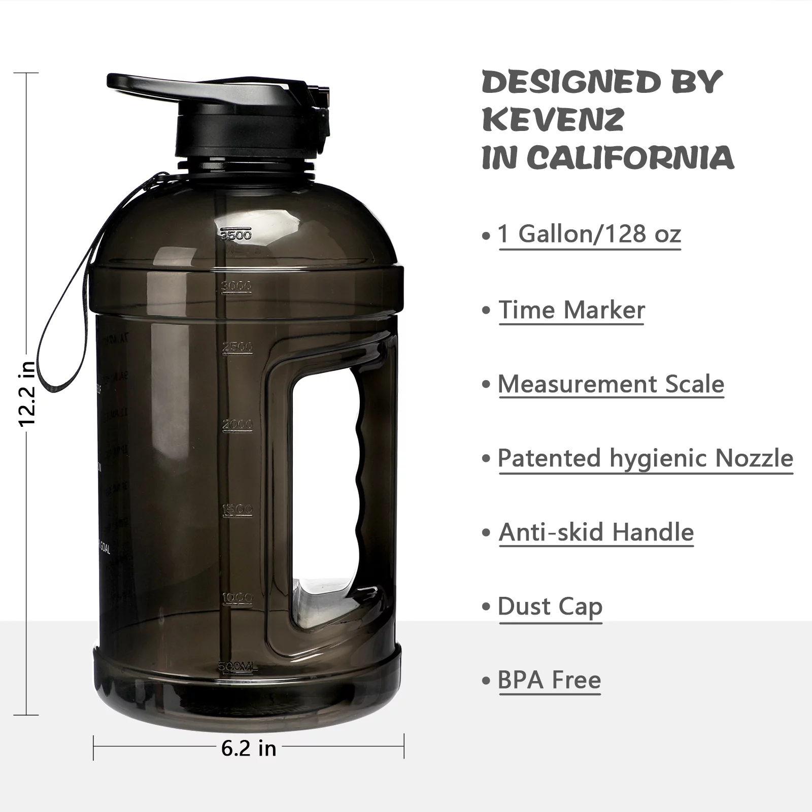 KEVENZ Water Bottle with Time Marker, 1 Gallon Water Bottle with Straw, Leakproof Water Jug, BPA Free, Black