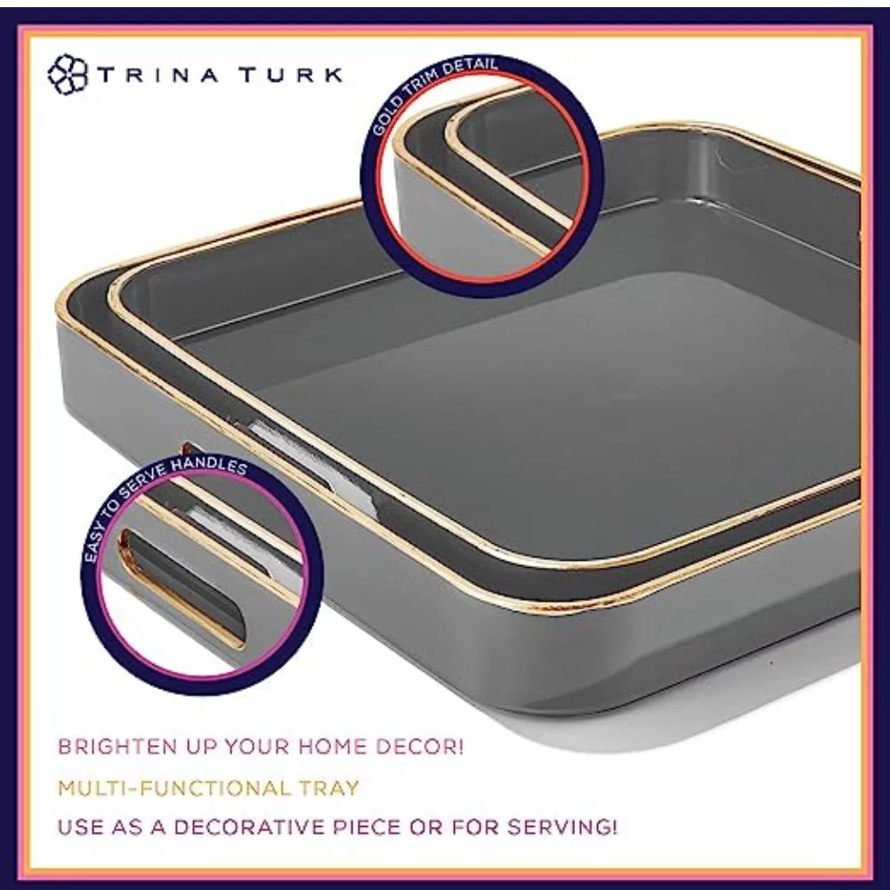 Trina Turk, Cool Gray with Gold Rim Polypropylene Square Serving Tray with Handles, Set of 2