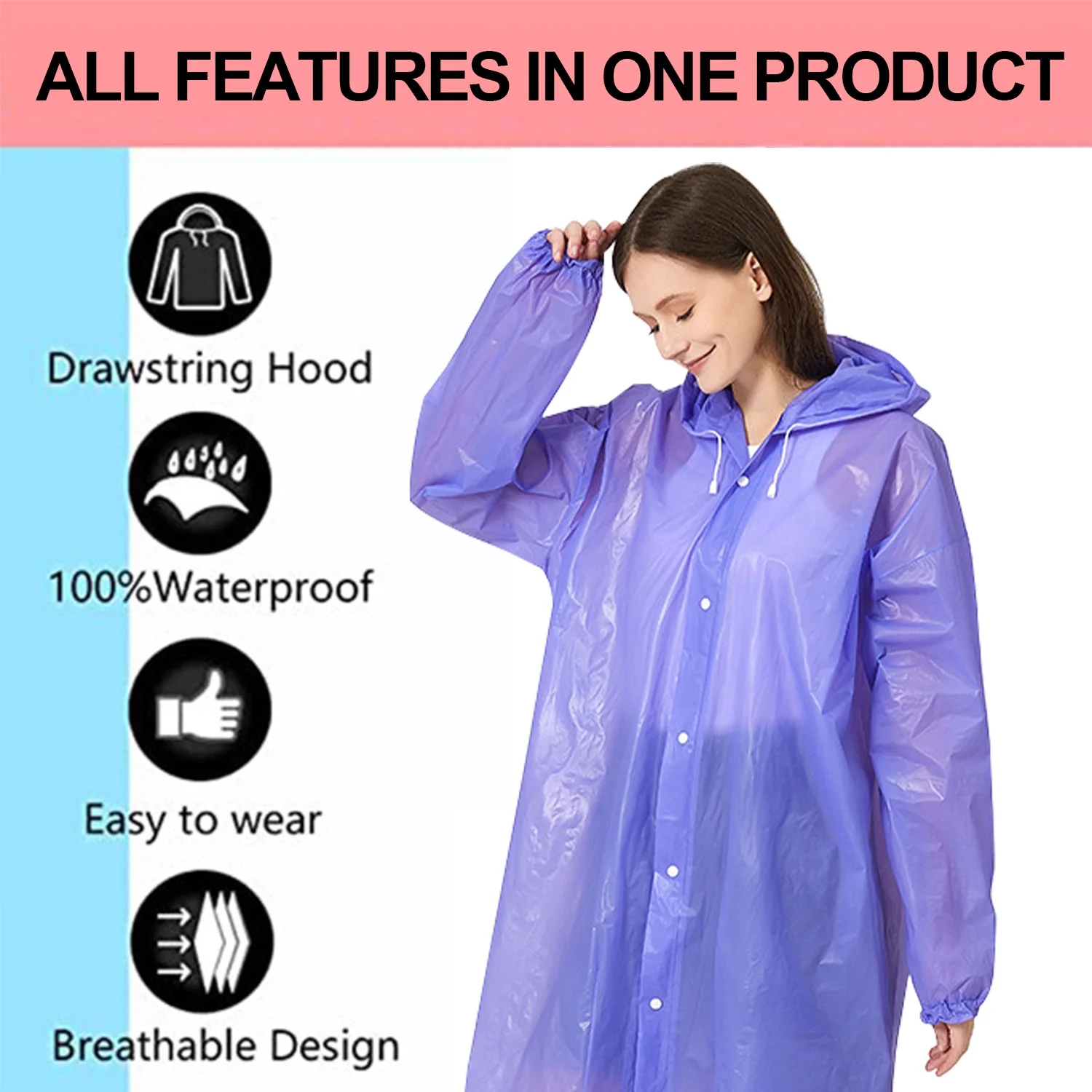 Raincoat Waterproof Rain Coat Poncho Long Rain Jackets Lightweight with Drawstring Hood for Men Women (Pink 1 pack + Purple 1 Pack)