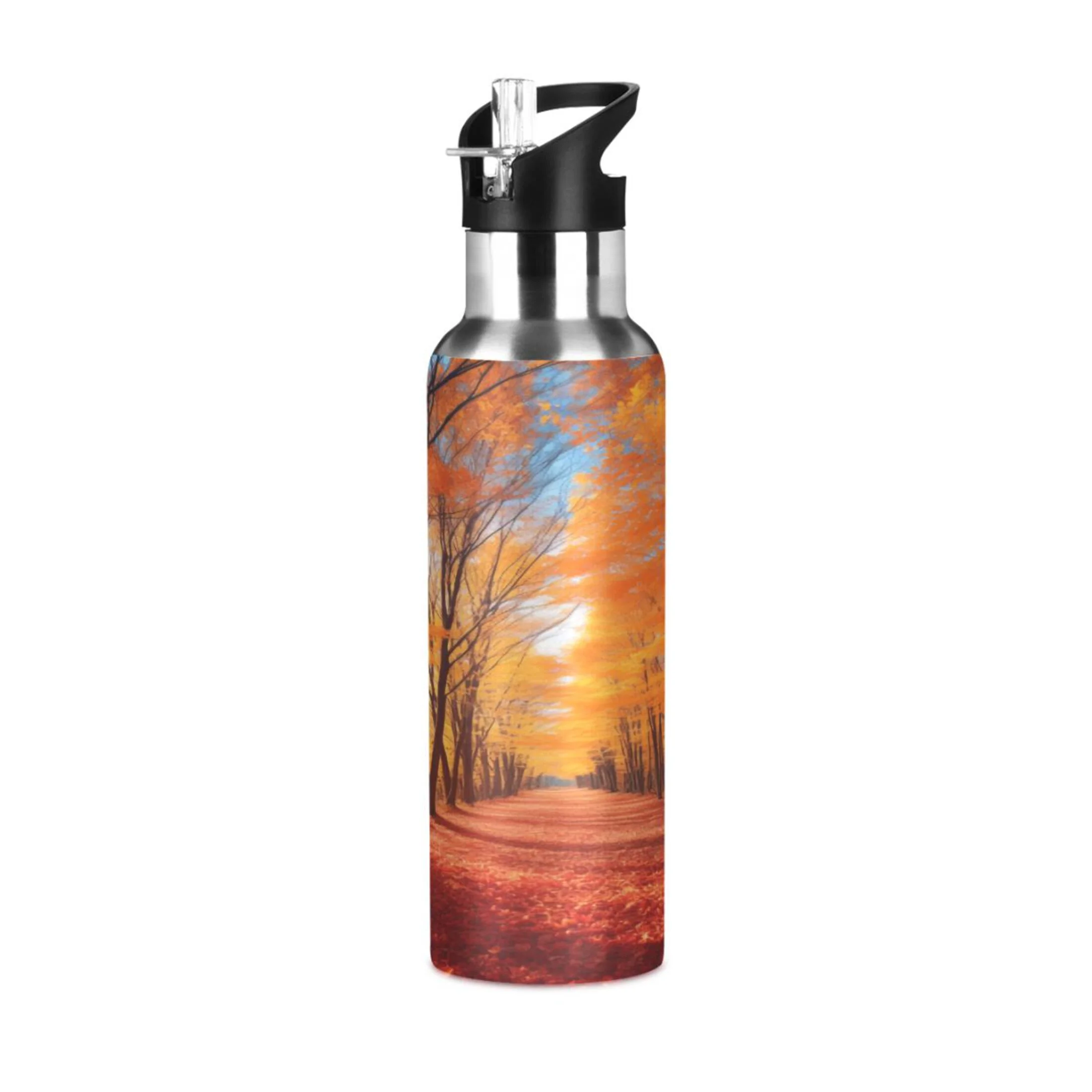 Water Bottle with Straw Lid Leak Autumn Forest Stainless Steel Insulated Thermos Vacuum Flask for Cold Hot Drinking for Sports Camping Gym Yoga