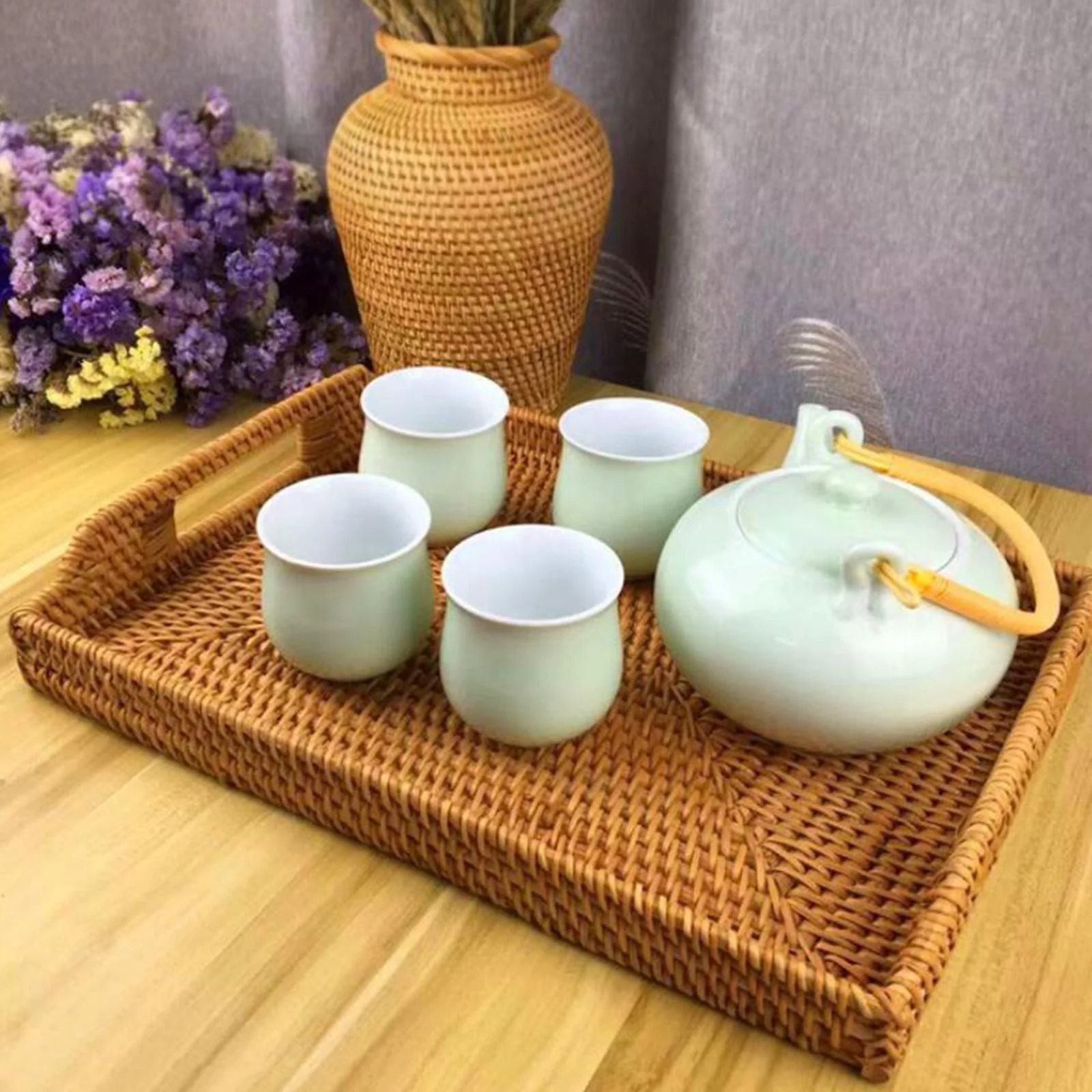 Hand-Woven Rattan Storage Tray Wicker Basket Ornament Dinner Serving Tray for 34x24x7cm