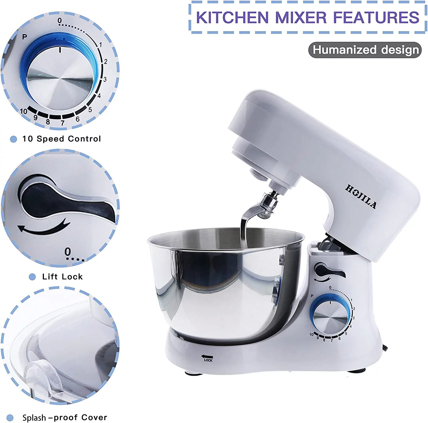 HOJILA 4.7QT 10 Speed 380W White Professional Stand Mixer