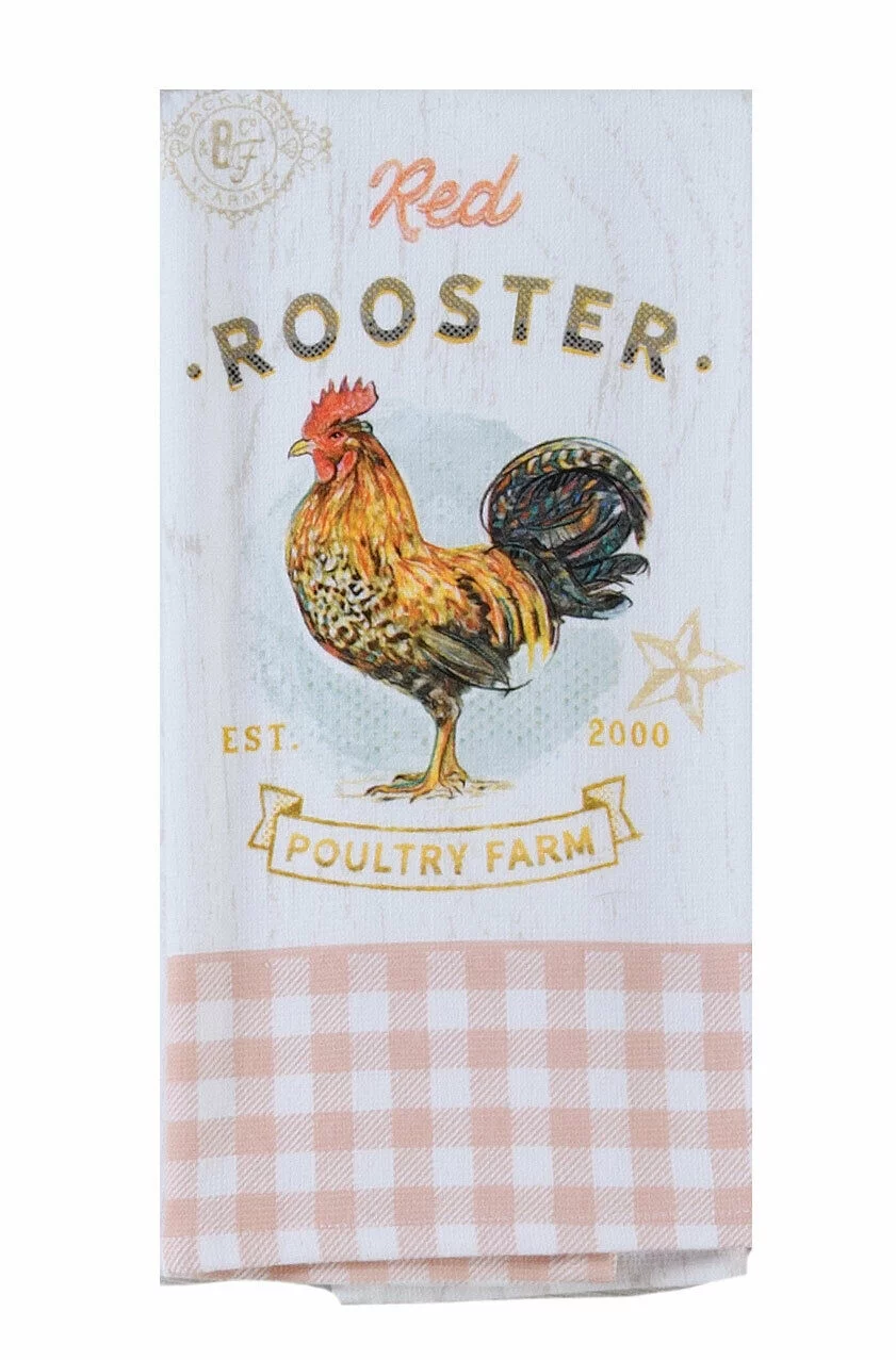 Set of 2 RED ROOSTER Vintage-Look Terry Kitchen Towels by Kay Dee Designs