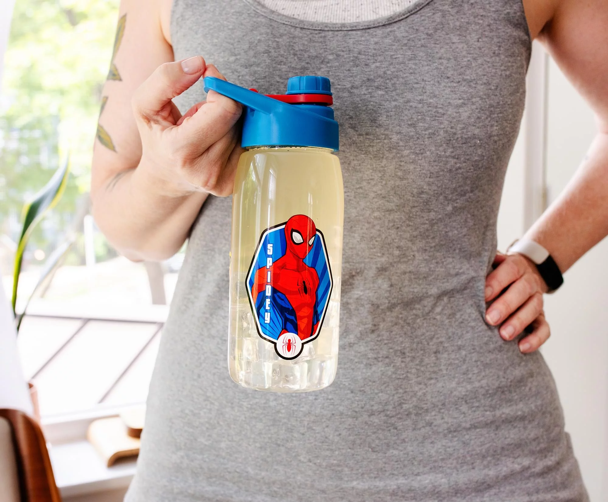 Marvel Comics Spider-Man Hinged Handle Plastic Water Bottle and Sticker Set