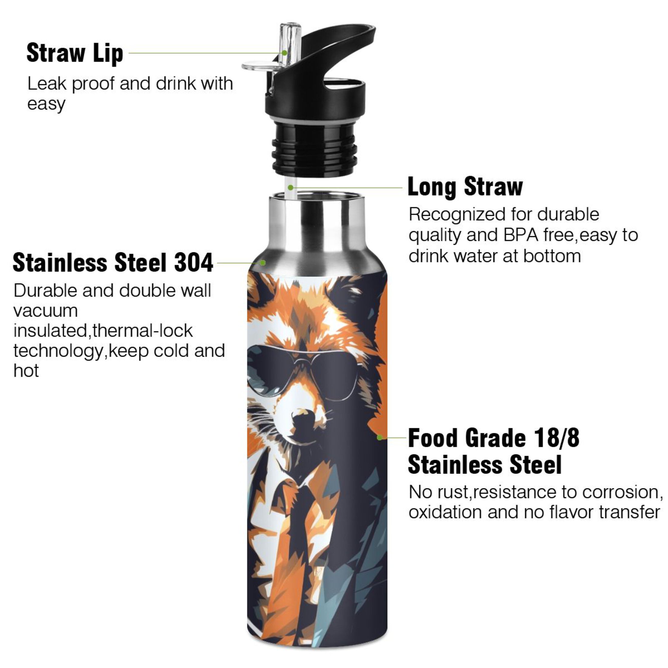 Cool Fox with Glasses Water Bottles Insulated Thermos Kids Stainless Steel Bottle with Straw Lid Flask Leakproof for Sports Gym 20 oz