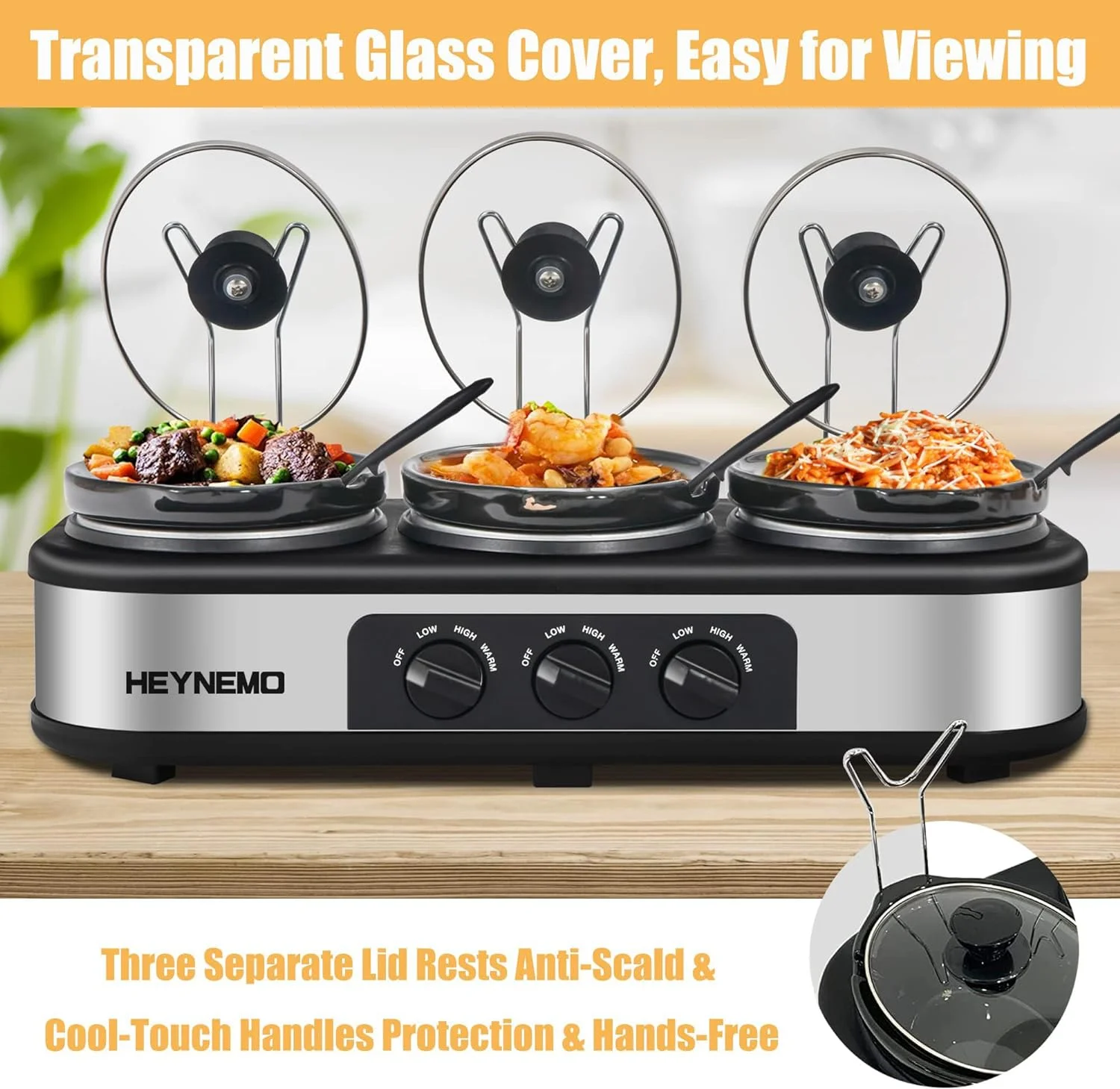 Triple Slow Cooker with Non-Skid Feet, 3脙鈥?.5 QT Slow Cooker Buffet Server, 3 Pots Food Warmer Adjustable Temp Lid Rests Stainless Steel Manual Silver for Parties Holidays Families