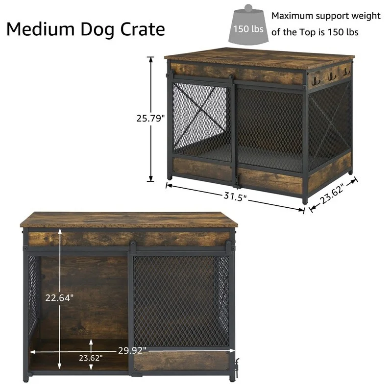 Dog Crate End Table with Cushion and Hooks, Mesh Pet Kennels Rustic Brown - 25.79''H x 31.50''W x 23.62''D