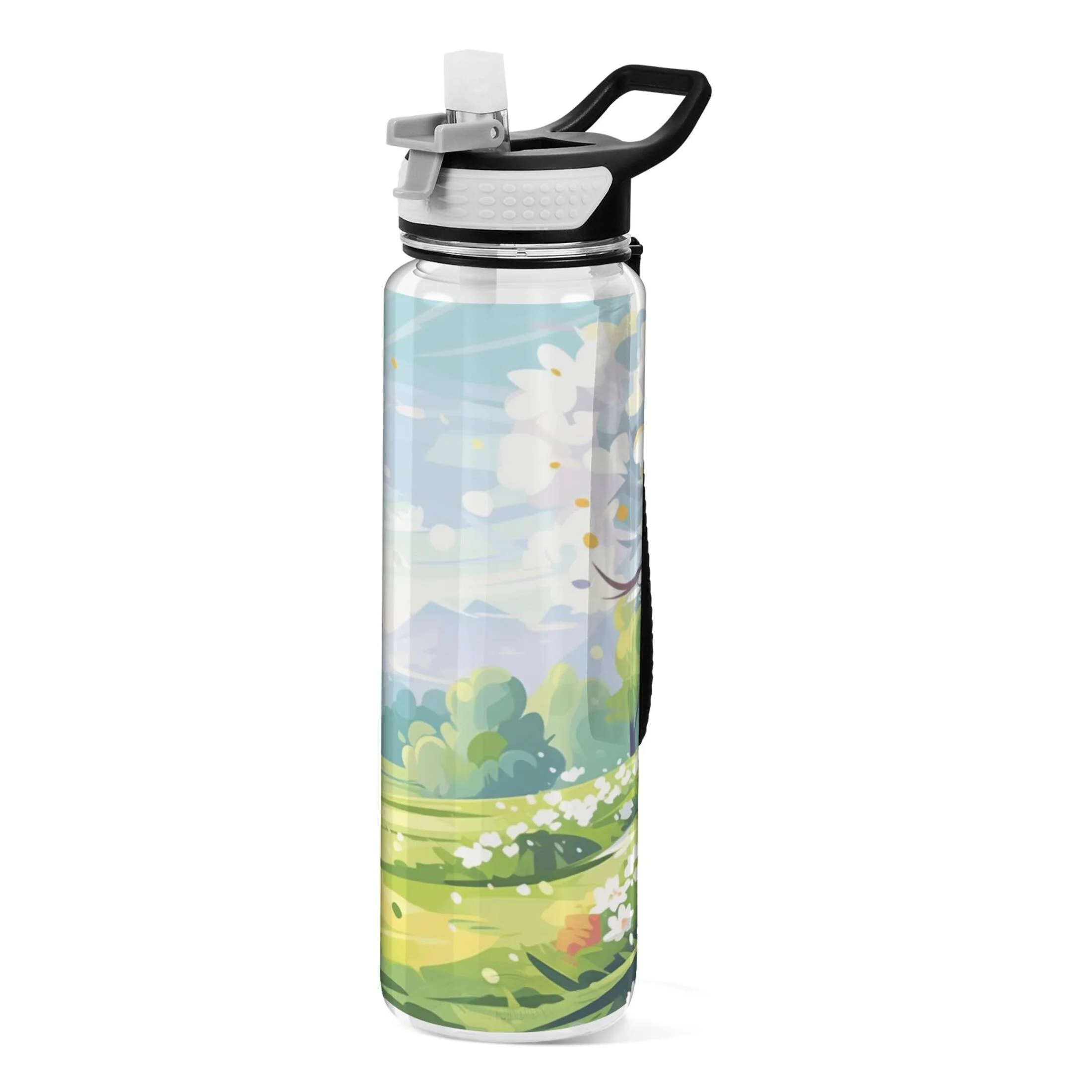 Summer Floral Landscape 32oz Sports Water Bottles Leakproof Tritan Bottle with Straw BPA Free Clear Bottle for Fitness Gym Outdoor Cycling