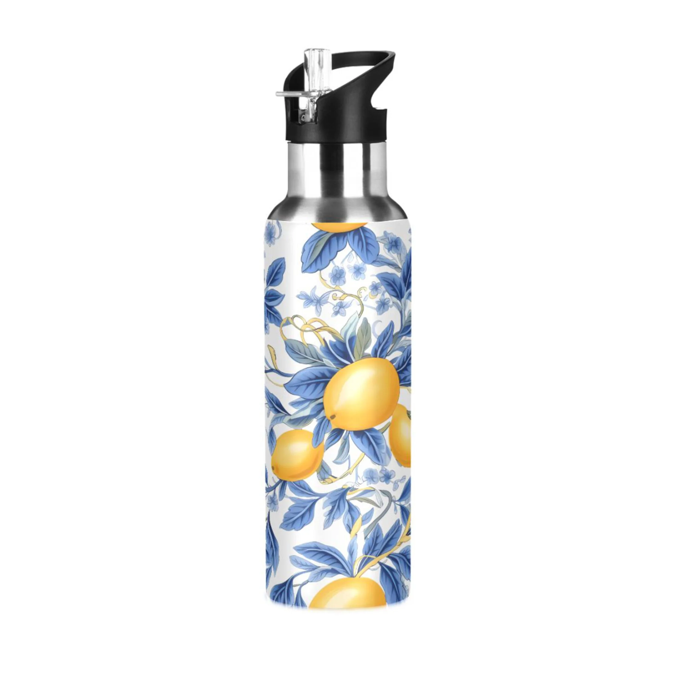 Water Bottle with Straw Lid Leak Lemons and Blue Leaves Stainless Steel Insulated Thermos Vacuum Flask for Cold Hot Drinking for Sports Camping Gym Yoga
