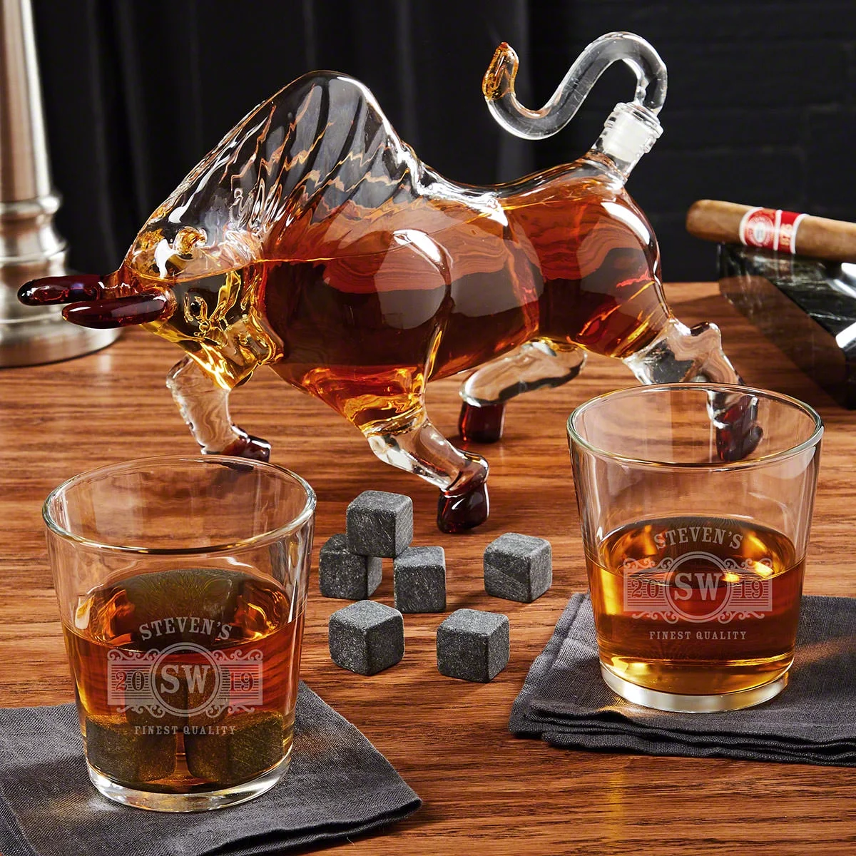 Marquee El Matador Bull Crystal Decanter Set with Custom on the Rocks Glasses