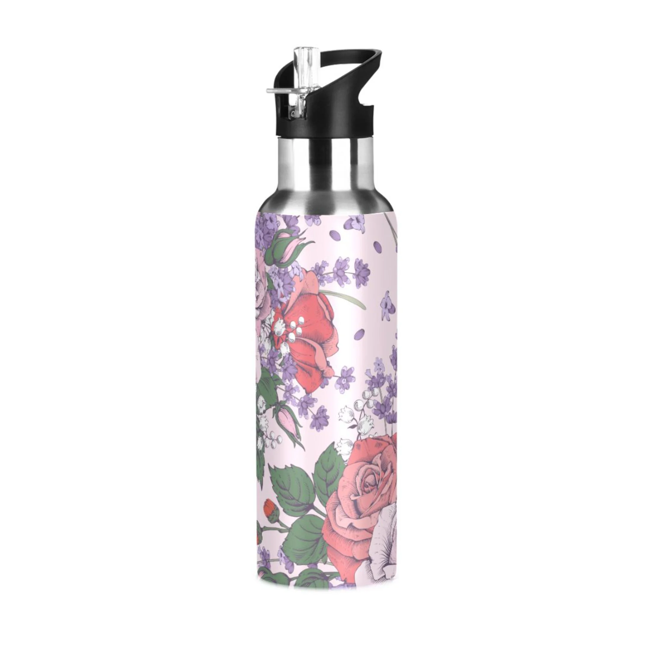 Water Bottle with Straw Lid Leak Rose Flowers and Lavender on Pink Stainless Steel Insulated Thermos Vacuum Flask for Cold Hot Drinking for Sports Camping Gym Yoga