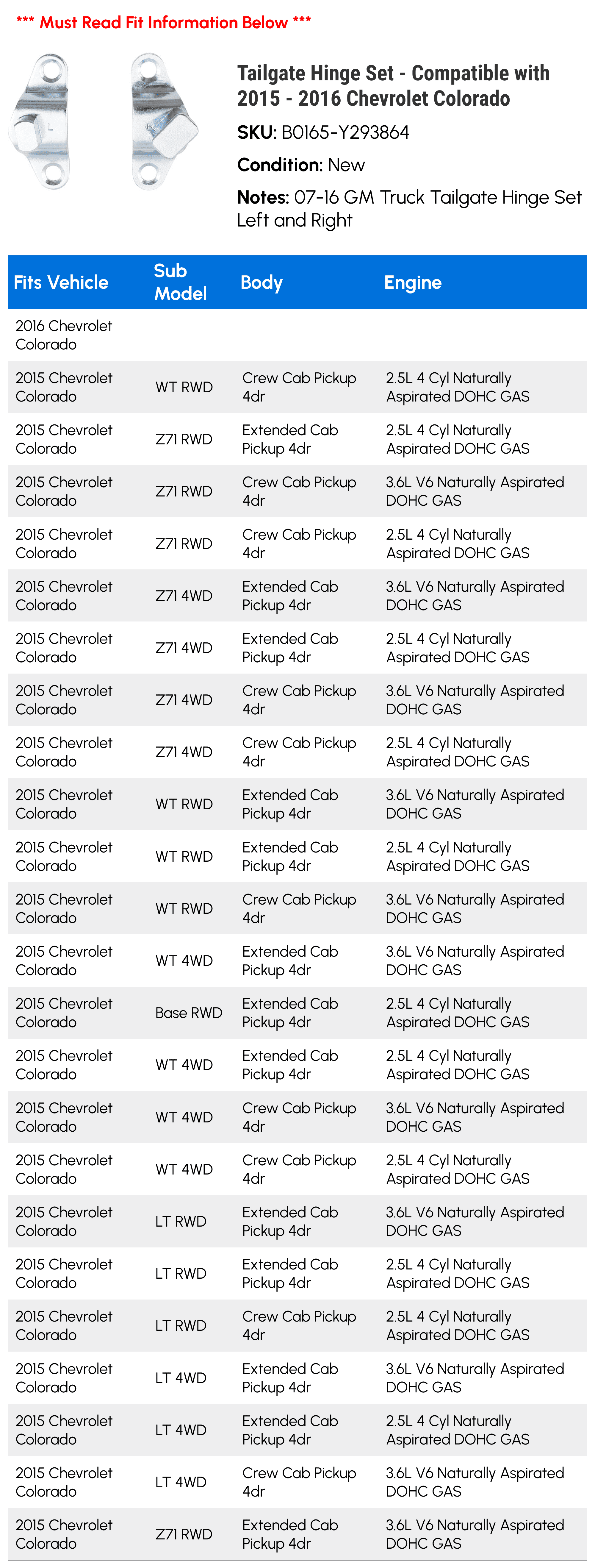 Tailgate Hinge Set - Compatible with 2015 - 2016 Chevy Colorado
