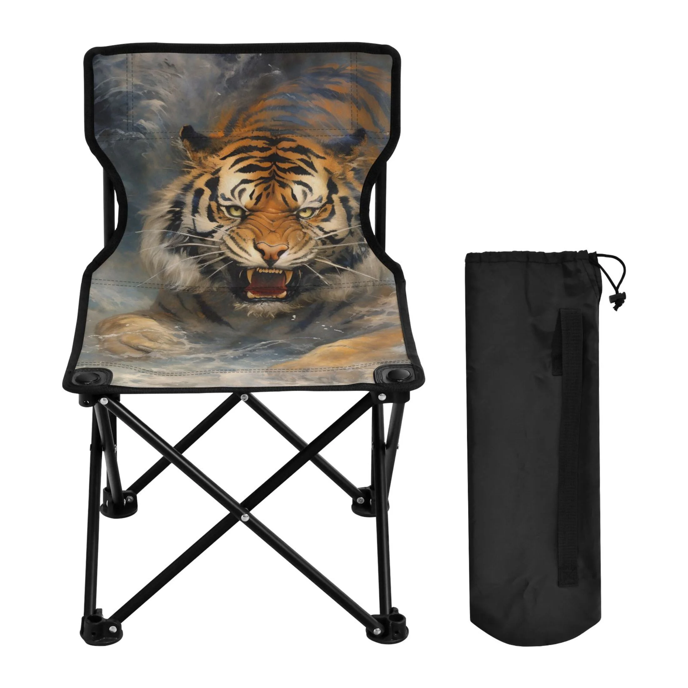 Tiger Pattern Portable Camping Chair Outdoor Folding Beach Chair Fishing Chair Lawn Chair with Carry Bag Support to 220LBS