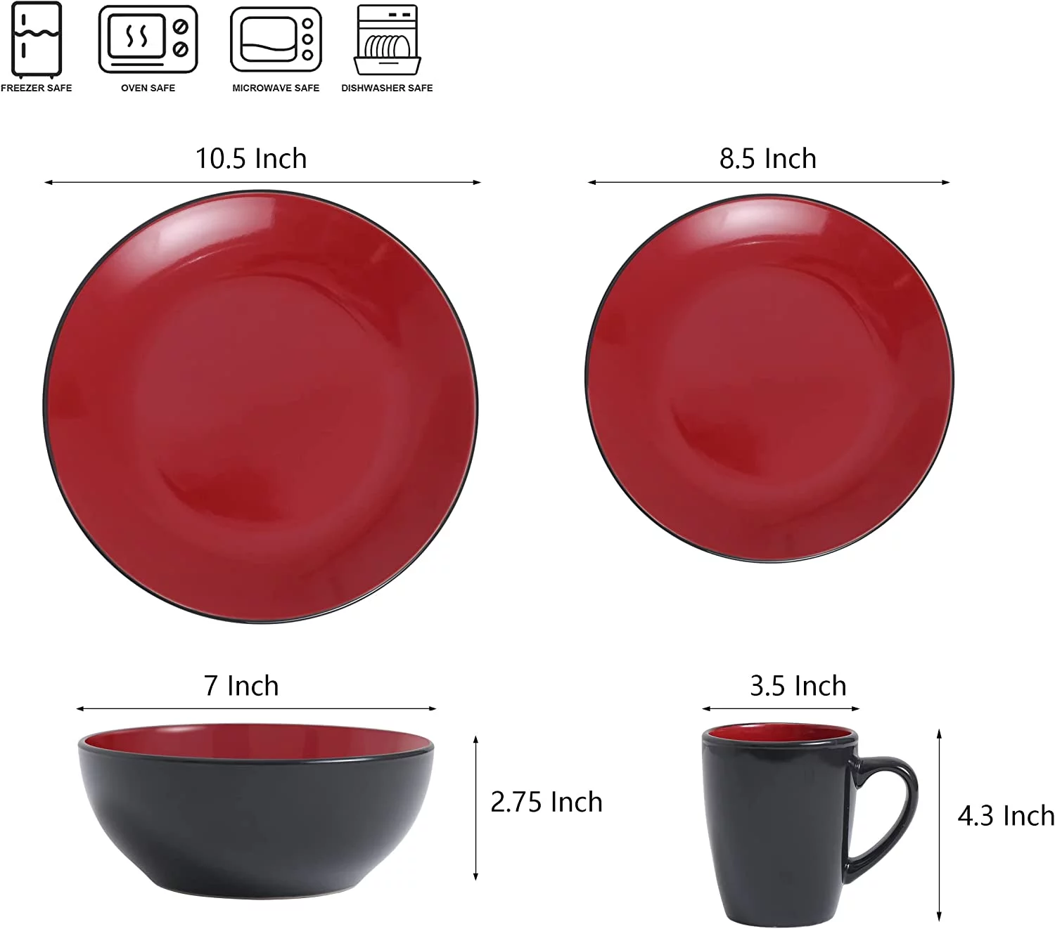 16 Piece Square Kitchen Dinnerware Set,Plates and Bowls sets,Dishes, Dinner Plates, Cereal Bowls Set，Bowls, Mugs, Dish Set，Plates and Bowls,Service for 4, Stoneware Dinnerware,Red and Black