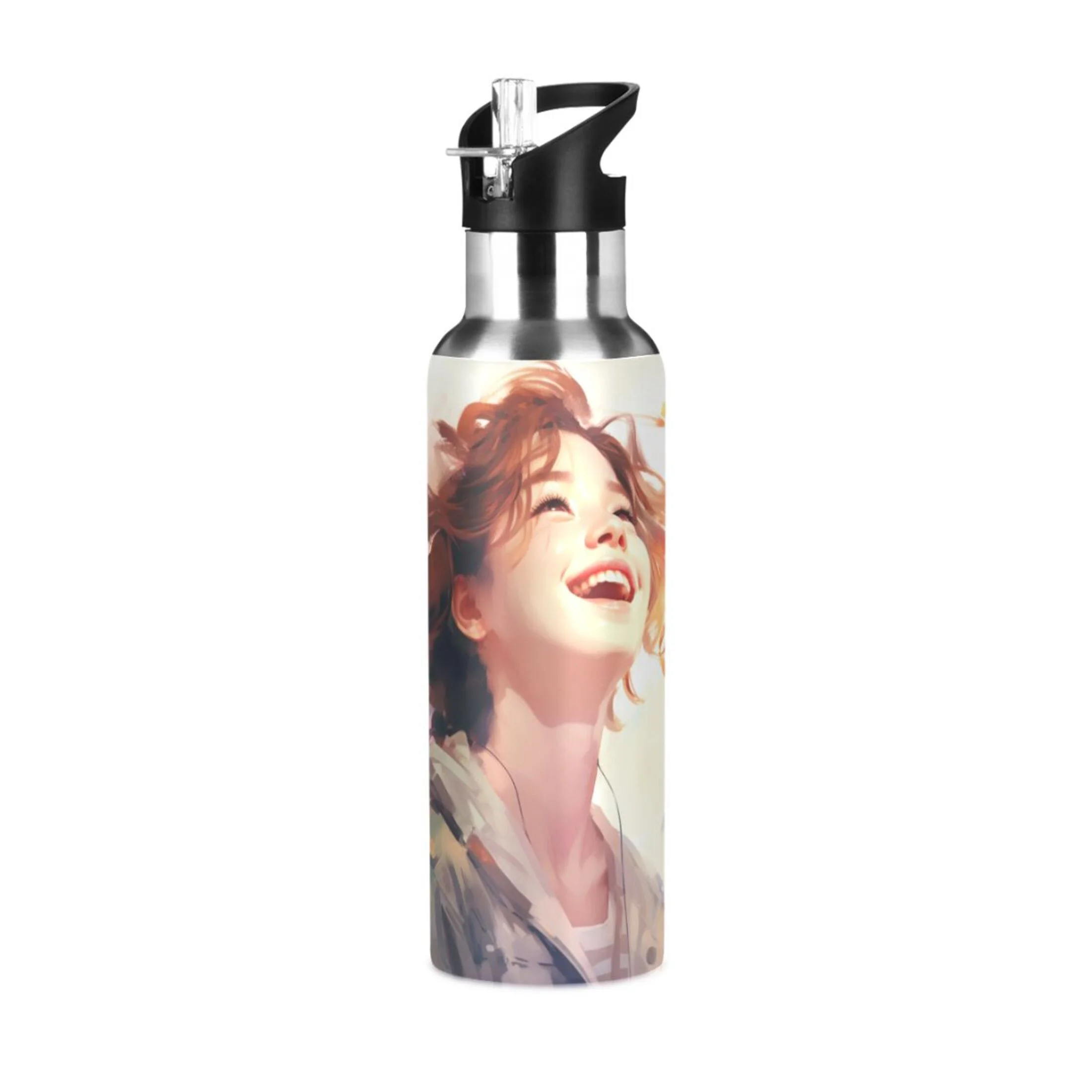 Cute Girl Abstract Water Bottles Insulated Thermos Kids Stainless Steel Bottle with Straw Lid Flask Leakproof for Sports Gym 20 oz