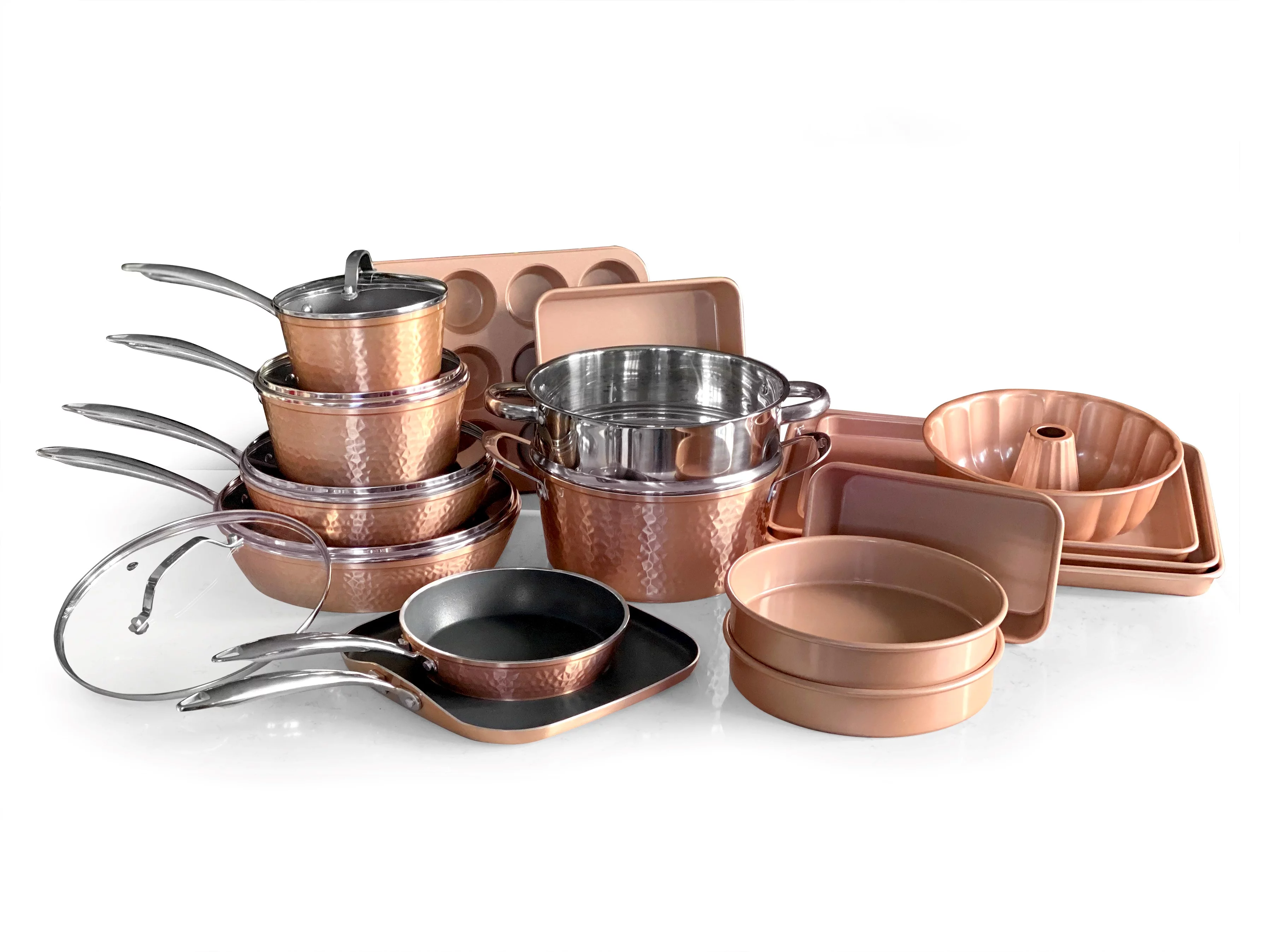 Orgreenic 22 Piece Ceramic Nonstick Cooking & Baking Set, Hammered Rose Gold