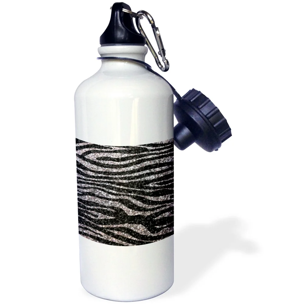 3dRose Silver and Black Zebra print Faux bling photo Not Actual Glitter - fancy diva girly sparkly sparkles, Sports Water Bottle, 21oz