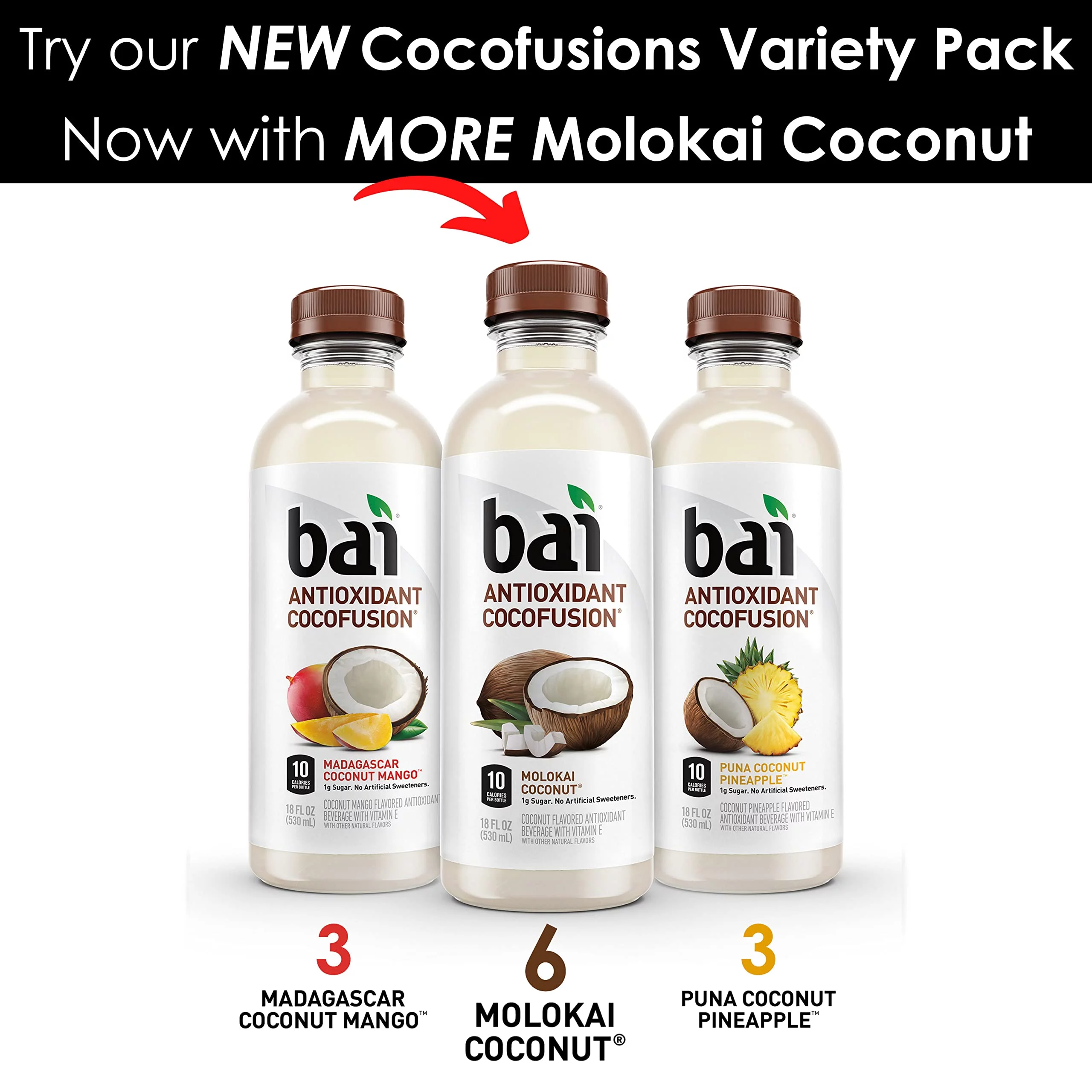 Bai Coconut Flavored Water, Cocofusions Variety Pack Iii - 6 Of Molokai Coconut, 3 Each Of Madagascar Coconut Mango, Puna Coconut Pineapple (Assorted Flavors)18 Fl Oz (Pack Of 12)