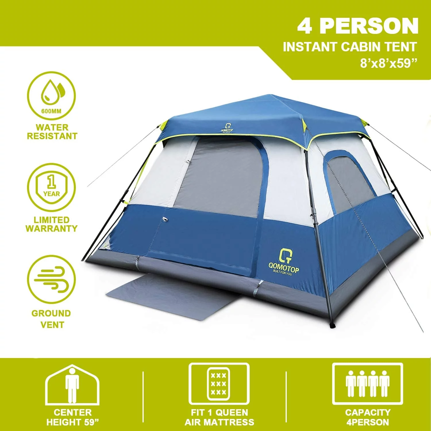 OT QOMOTOP Tents, 4 Person 60 Seconds Set Up Camping Tent, Waterproof Pop Up Tent with Top Rainfly, Instant Cabin Tent, Advanced Venting Design, Provide Gate Mat