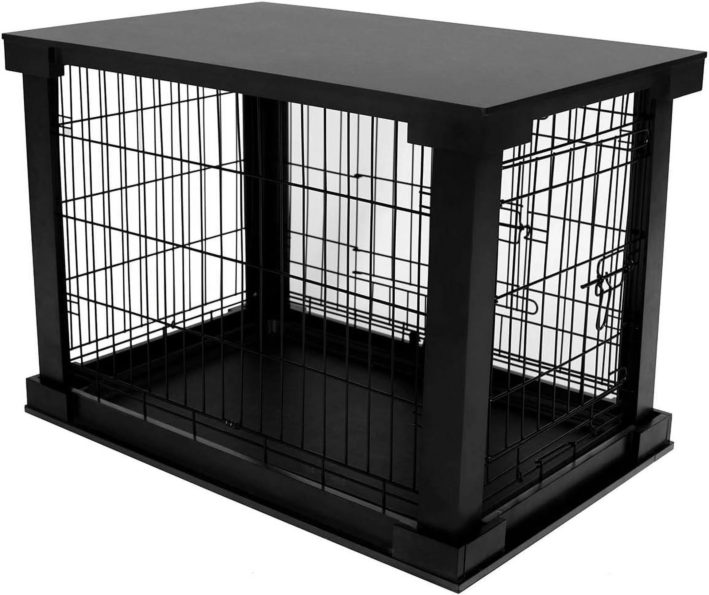 Products 2 Door Decorative  Kennel With Wooden Protection Cover, Divider Insert,  Removable Tray End Or Side Table, Black