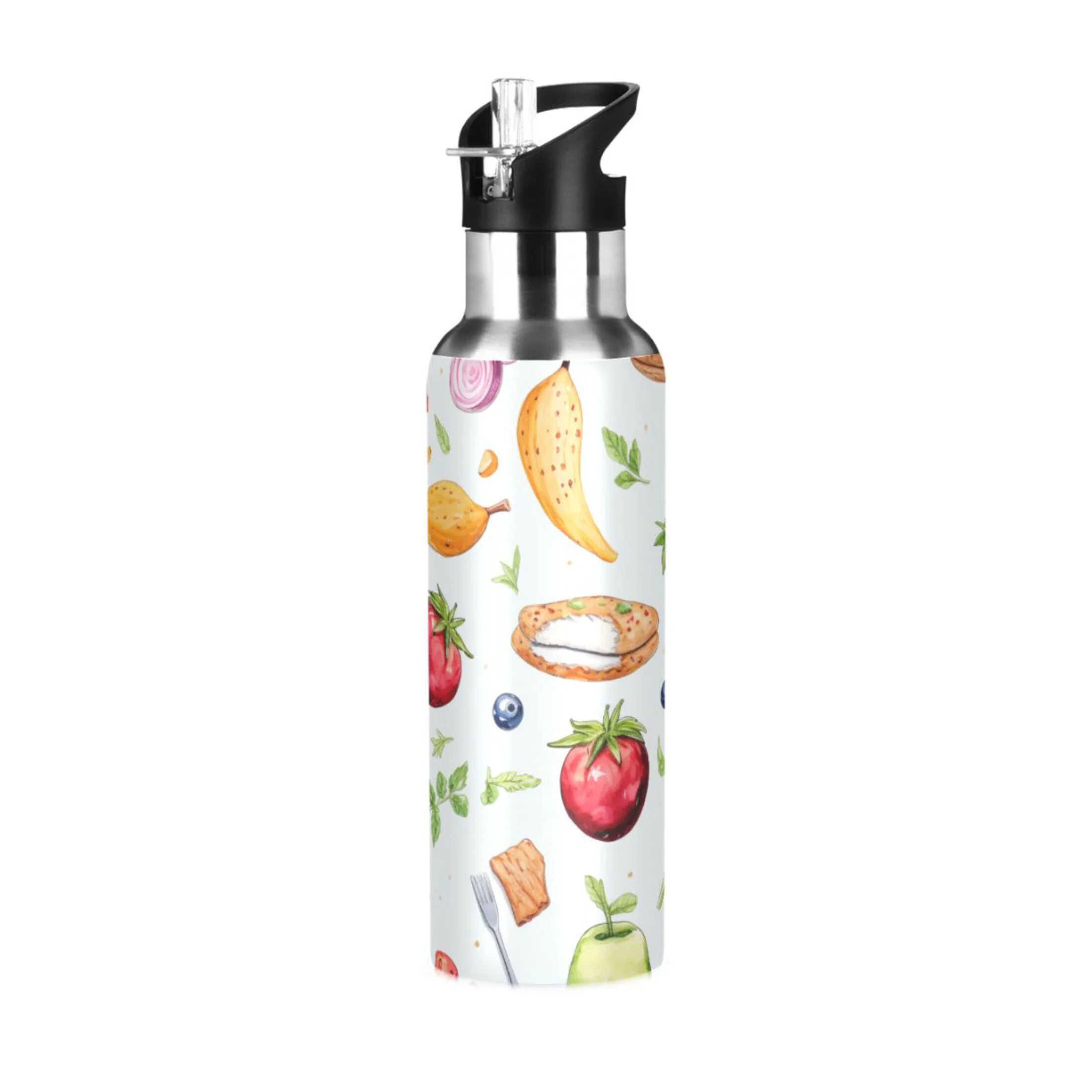 Fruit and Hamburgers Water Bottles Insulated Thermos Kids Stainless Steel Bottle with Straw Lid Flask Leakproof for Sports Gym 20 oz