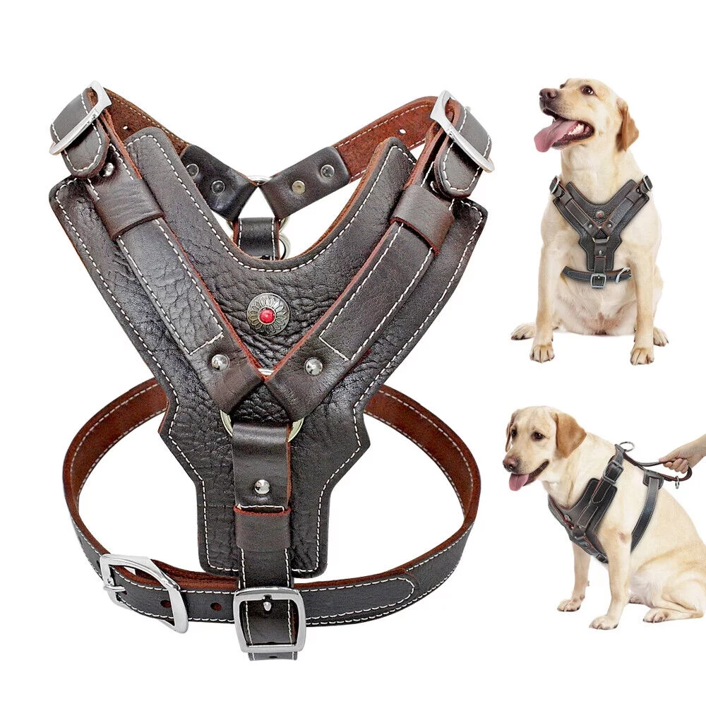 Didog Leather Large Dog Harness Heavy Duty Vest Thick Soft for Big Medium Breed Dogs Brown