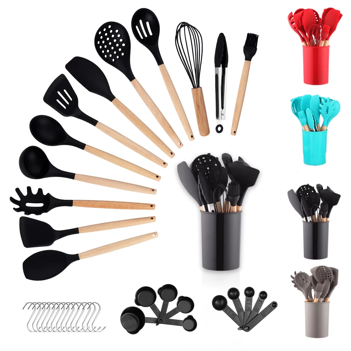 ReaNea Silicone Kitchen Utensils Set 38 Pieces and Utensil Holder (Black)