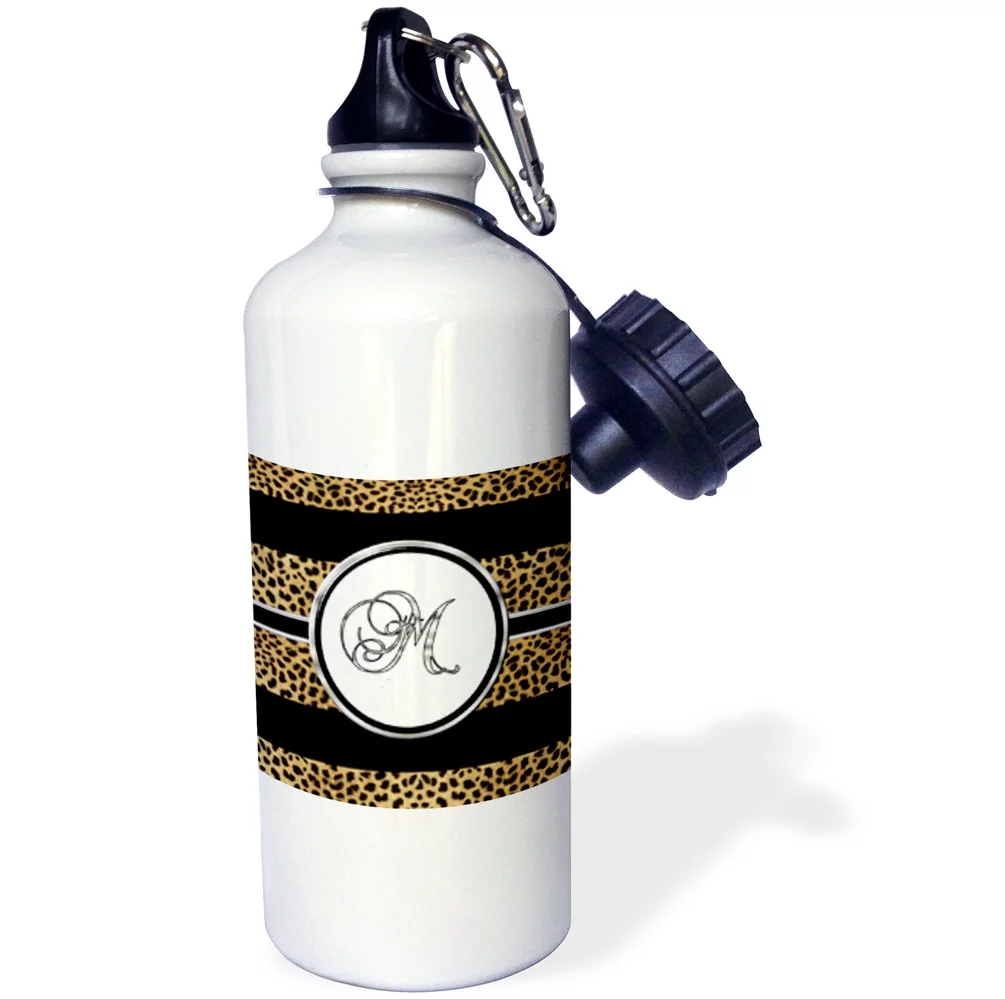 3dRose Elegant Cheetah Animal Print Monogram Letter M, Sports Water Bottle, 21oz