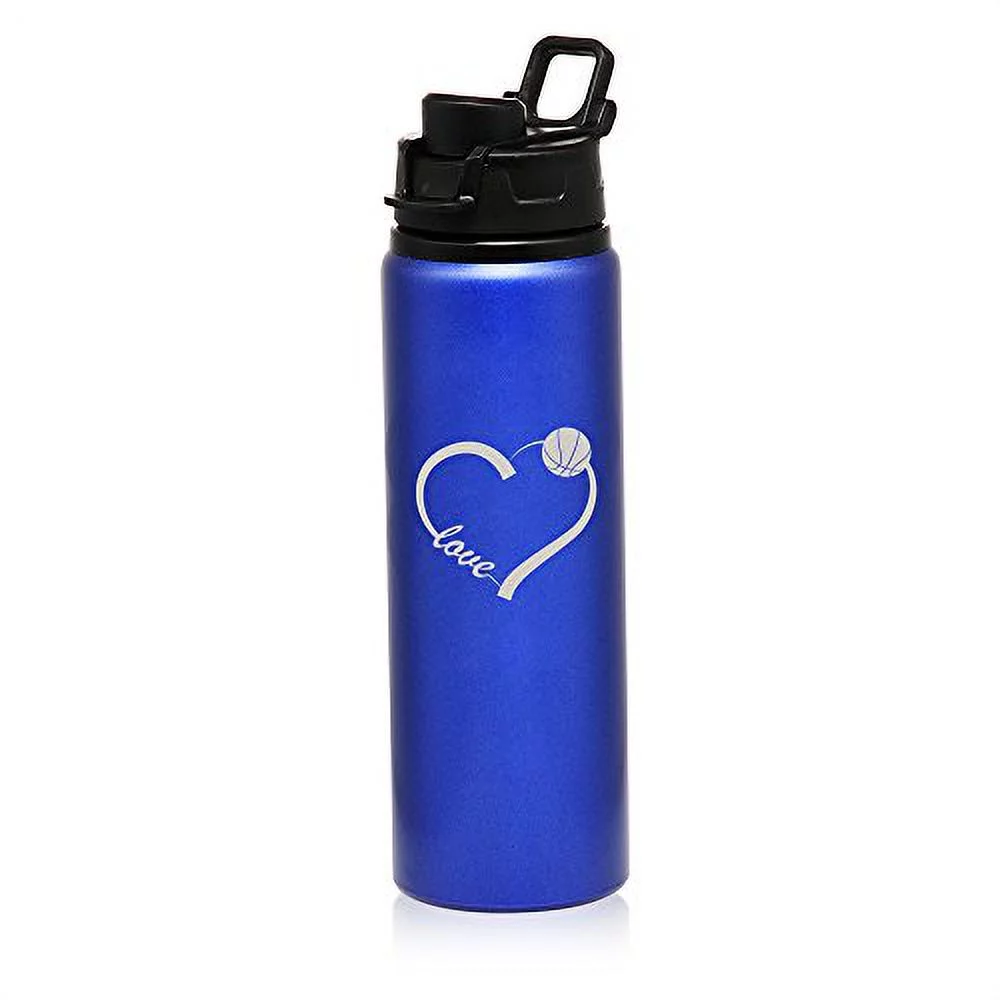 25 oz Aluminum Sports Water Travel Bottle Love Heart Basketball (Blue)