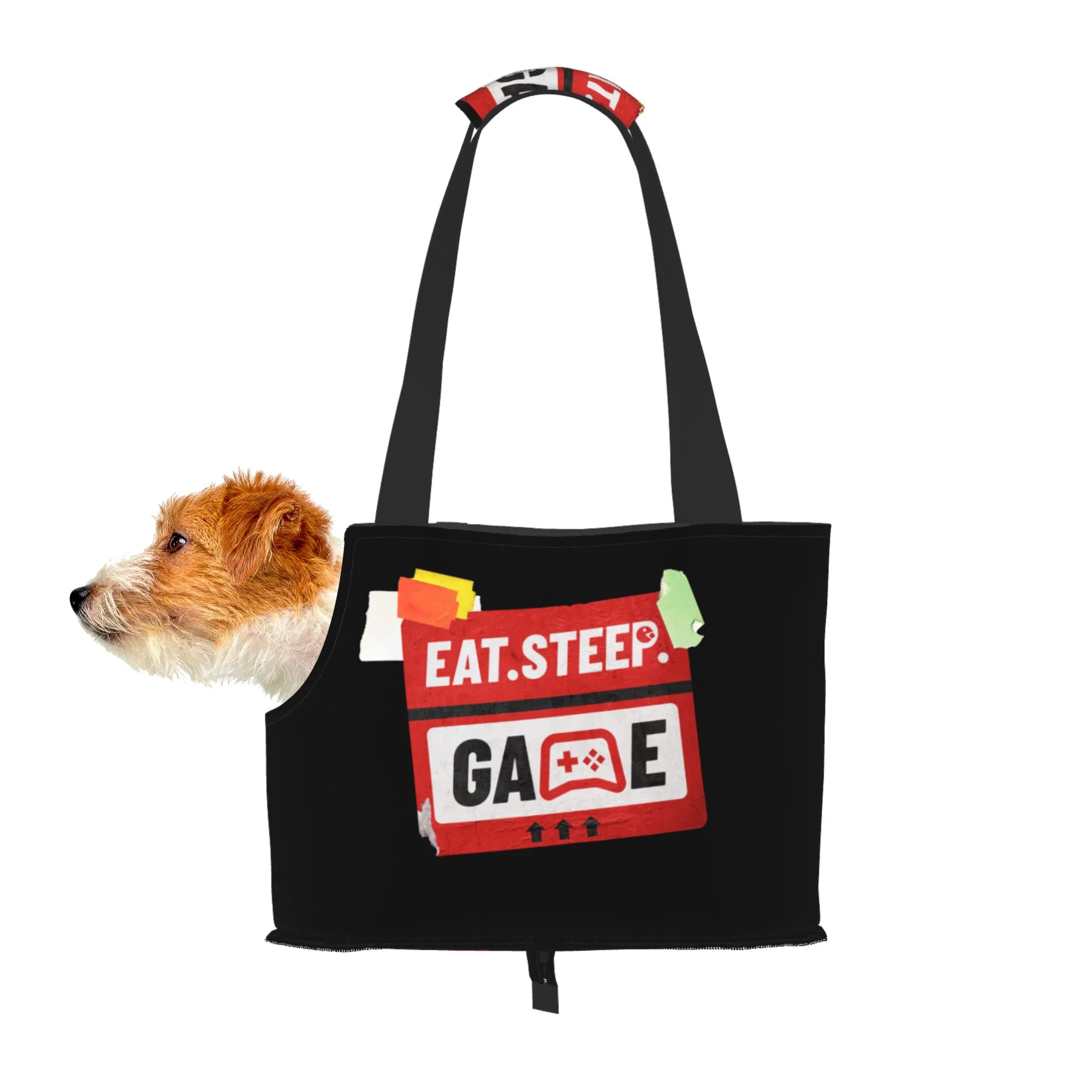 TEQUAN Foldable Dog Purse Carrier, Collapsible Red Eat Sleep Games Tags Prints Pet Travel Tote Bag for Small Cat Puppy, Waterproof Dog Soft-Sided Carriers
