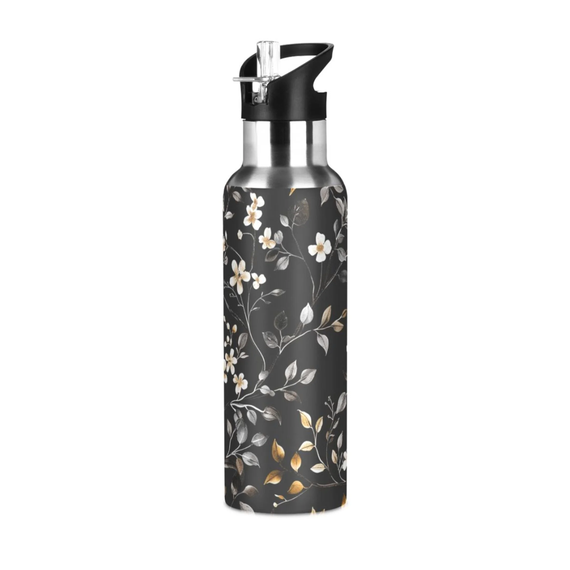 Flower on Black Water Bottles Insulated Thermos Kids Stainless Steel Bottle with Straw Lid Flask Leakproof for Sports Gym 20 oz