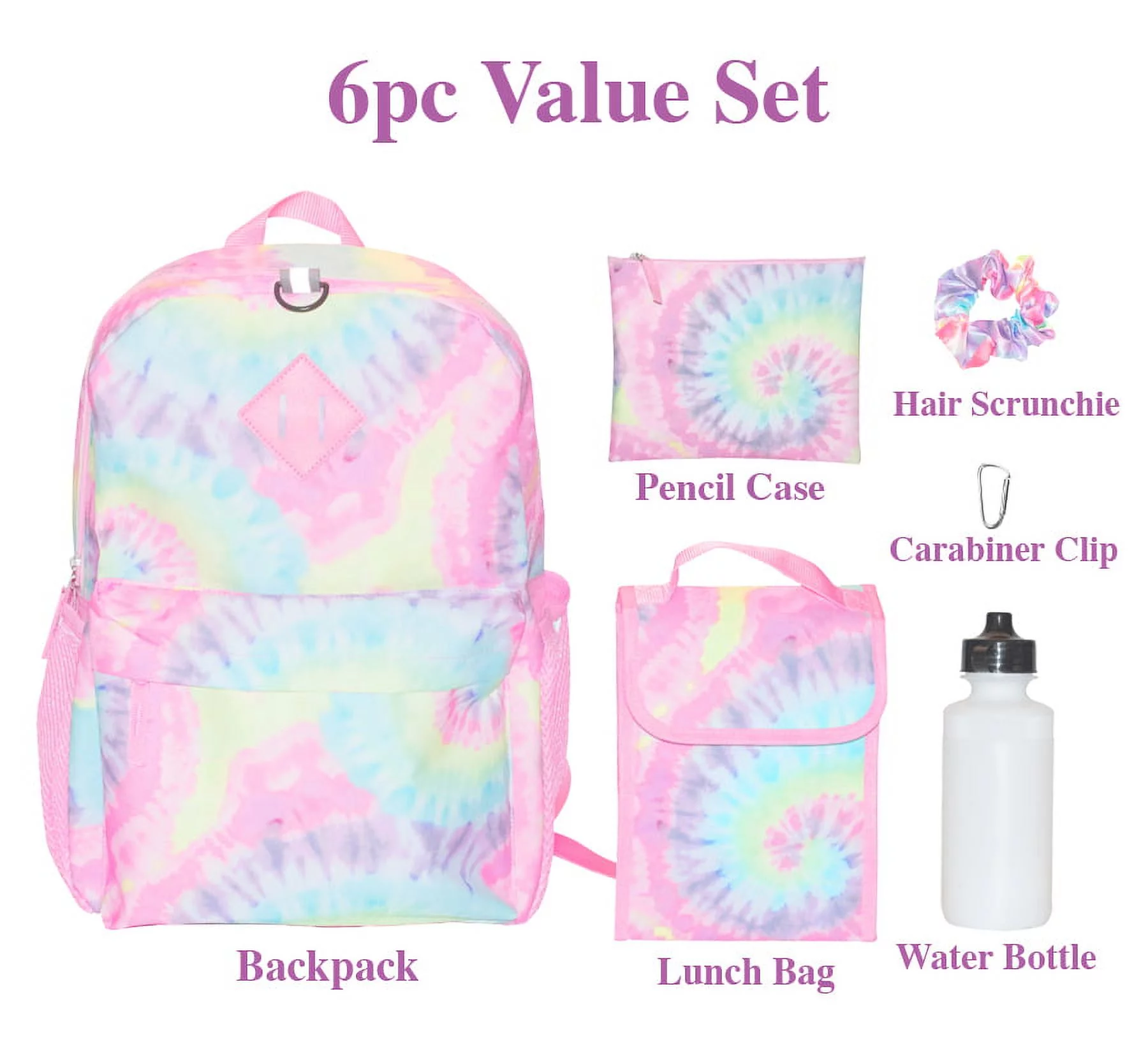 Ralme Tie Dye Girls Backpack with Lunch Box and Water Bottle 6 Piece Set 16 Inch