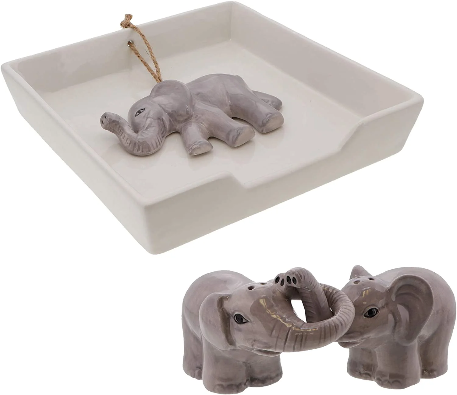 Servette Home Elephant Shaped Salt and Pepper Shakers Set with White Ceramic Napkin Holder - Unique Kitchen Accessories