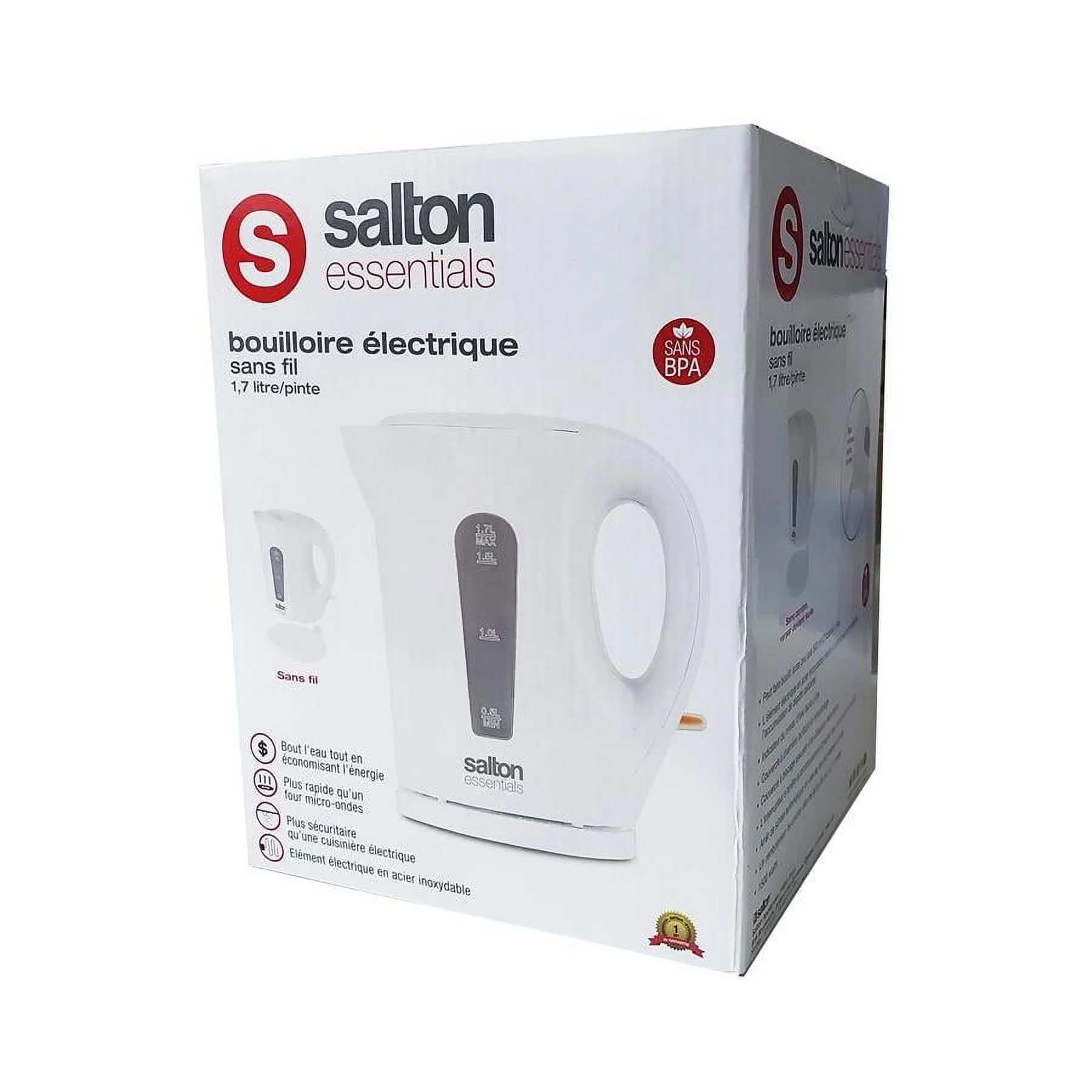 Salton Essentials EJK1821W - Cordless Electric Kettle, 1.7 Liter Capacity, White